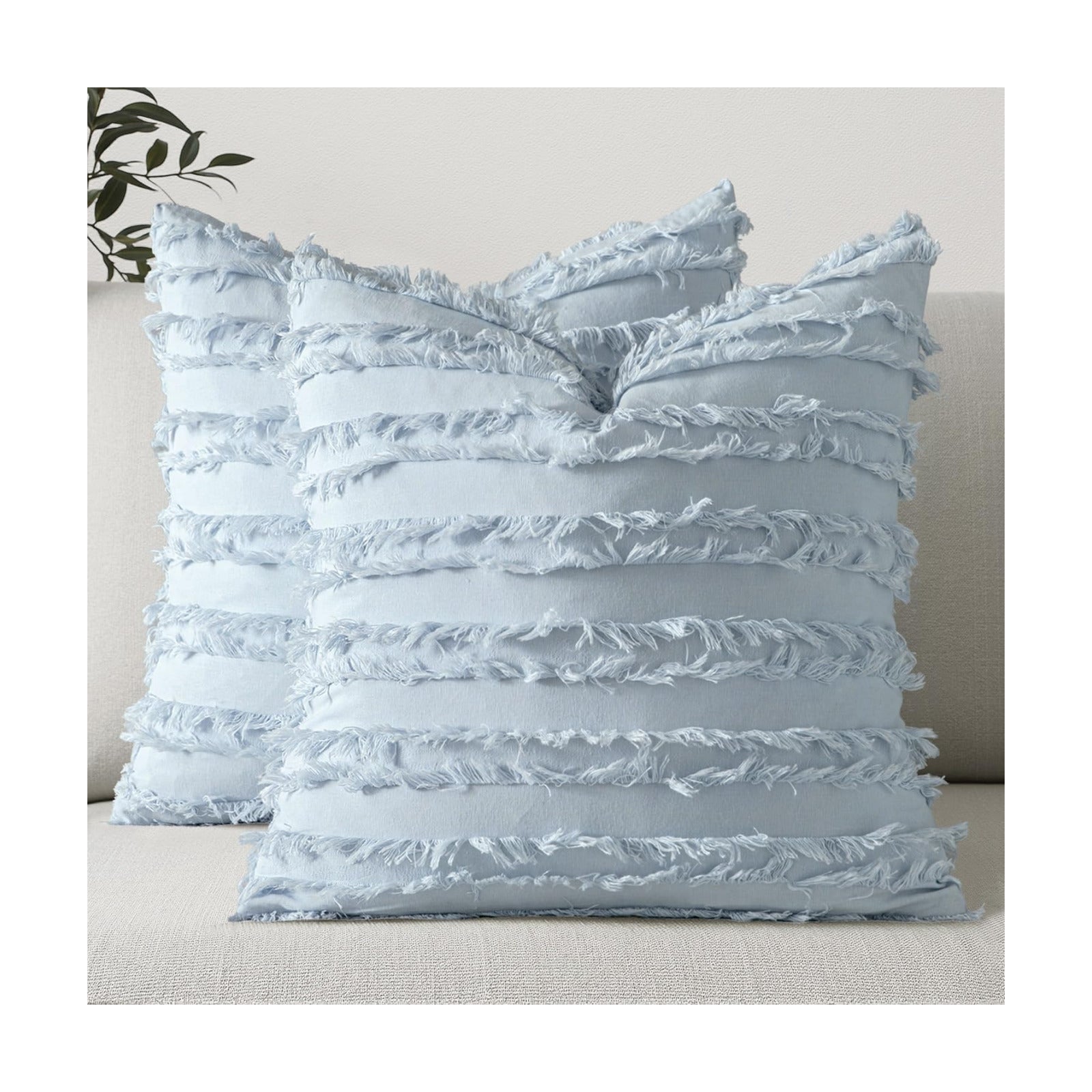 Decorative Boho Throw Pillow Covers Linen Striped Jacquard Pattern / 18 x 18 / Light Blue / Set of 2