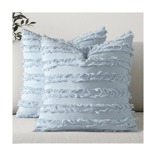 Decorative Boho Throw Pillow Covers Linen Striped Jacquard Pattern / 18 x 18 / Light Blue / Set of 2