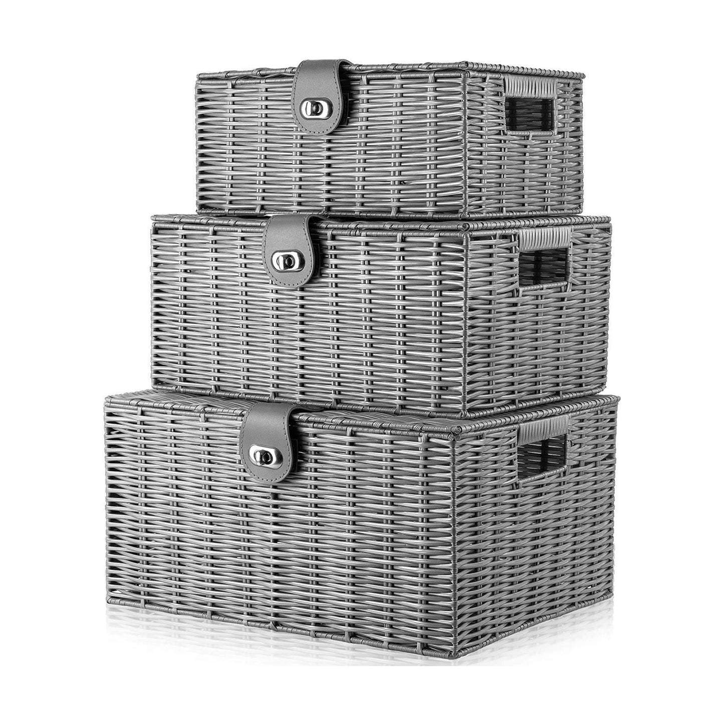 Woven Wicker Storage Basket Box / Grey / Set of 3