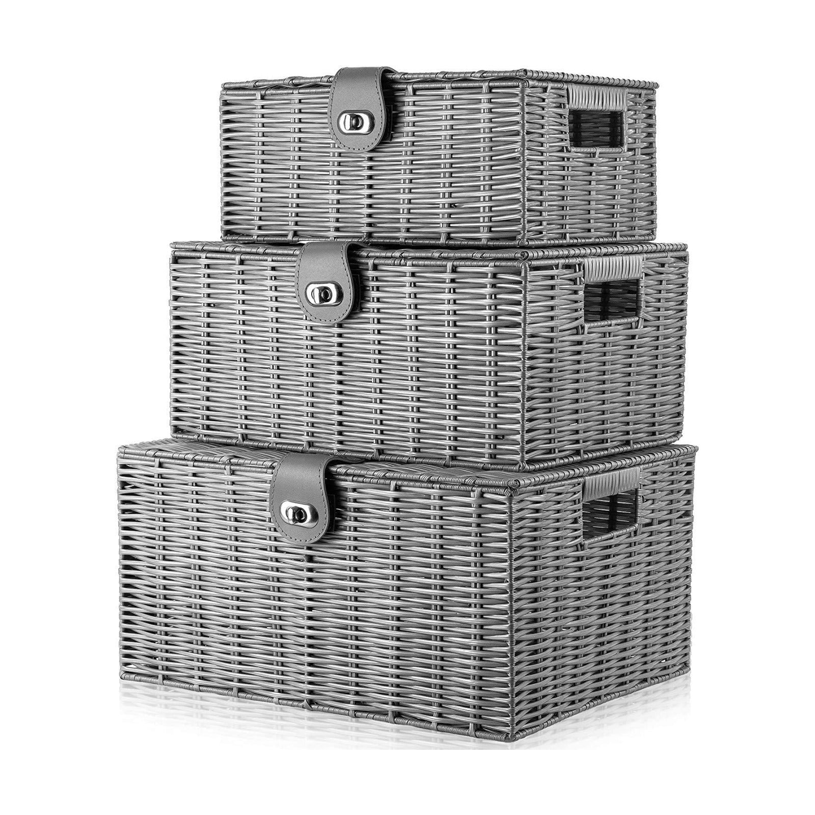 Woven Wicker Storage Basket Box / Grey / Set of 3