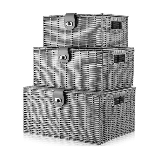 Woven Wicker Storage Basket Box / Grey / Set of 3