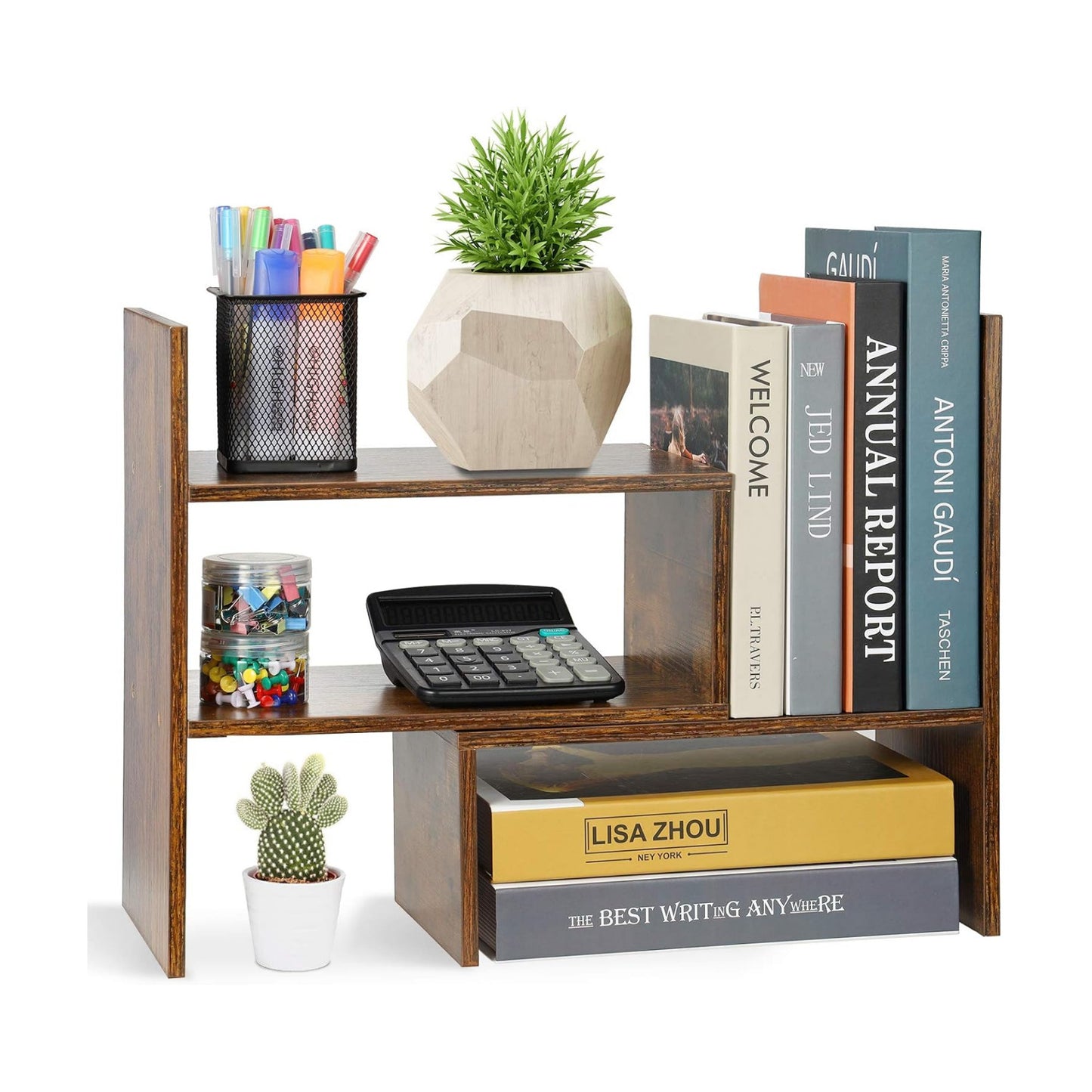 Sorfity Expandable Wood Desktop Bookshelf Desktop Organizer Office Storage Rack Wood Display Shelf, Counter Storage