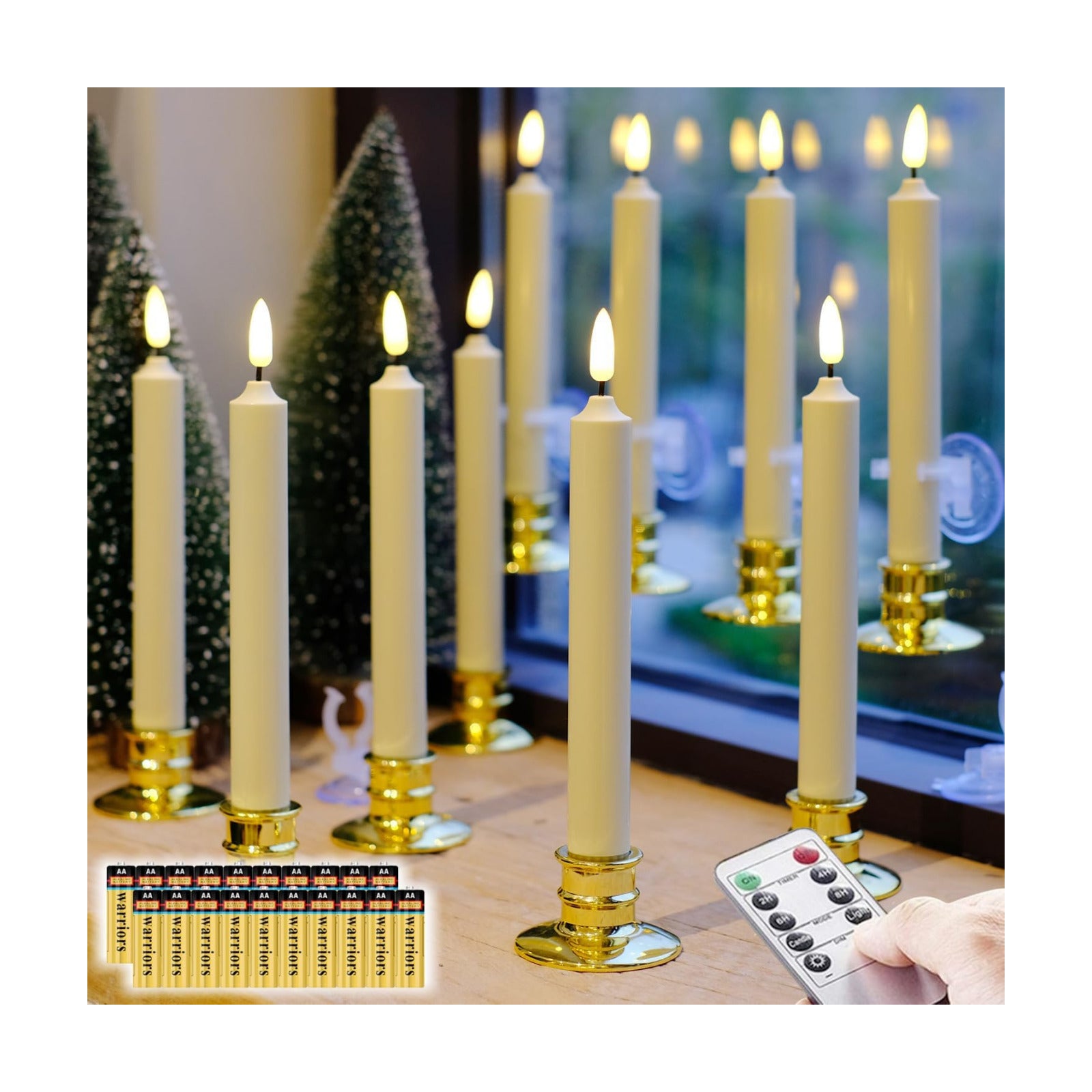 10 Pack Window Candles +20 AA Batteries(Include,Run More Than 400 Hours) + Candleholders + Suction Cups+ 2 Remote. 8''
