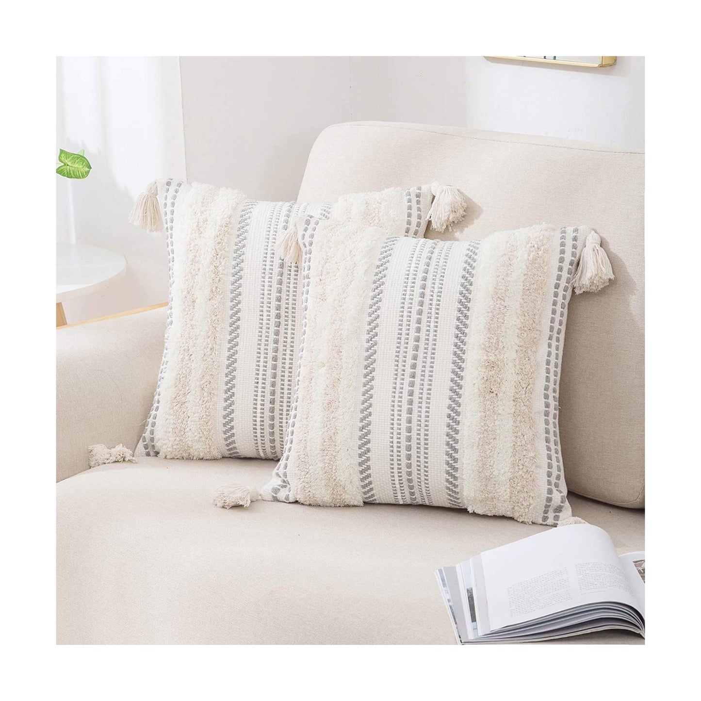 Summer Decorative Boho Throw Pillow Covers / 18 x 18 / Beige and Cream White / Set of 2