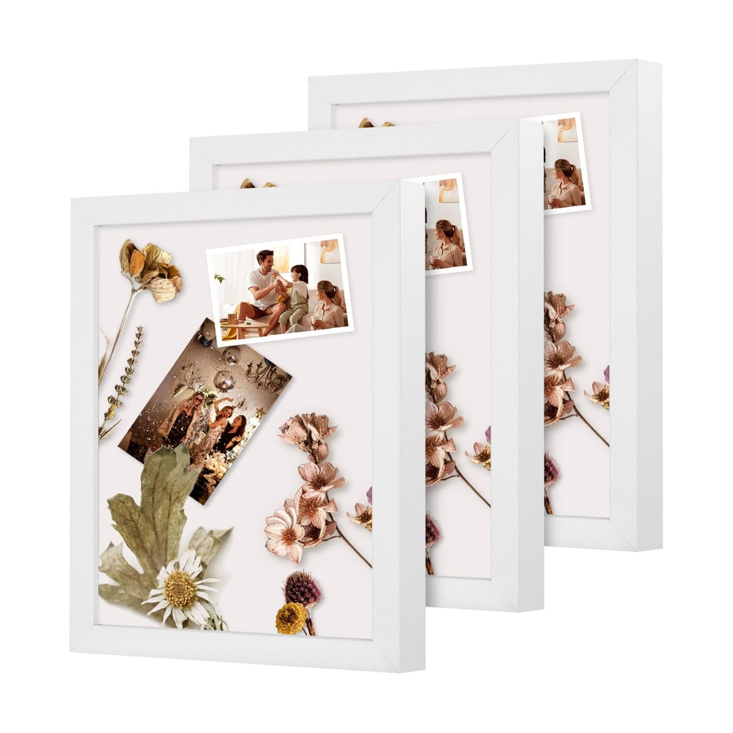 Muzilife 8x10 Shadow Box 3D Picture Frames, Wood & Glass, 3 Pack, White | FSC-Certified MDF | With Stand | Tabletop or