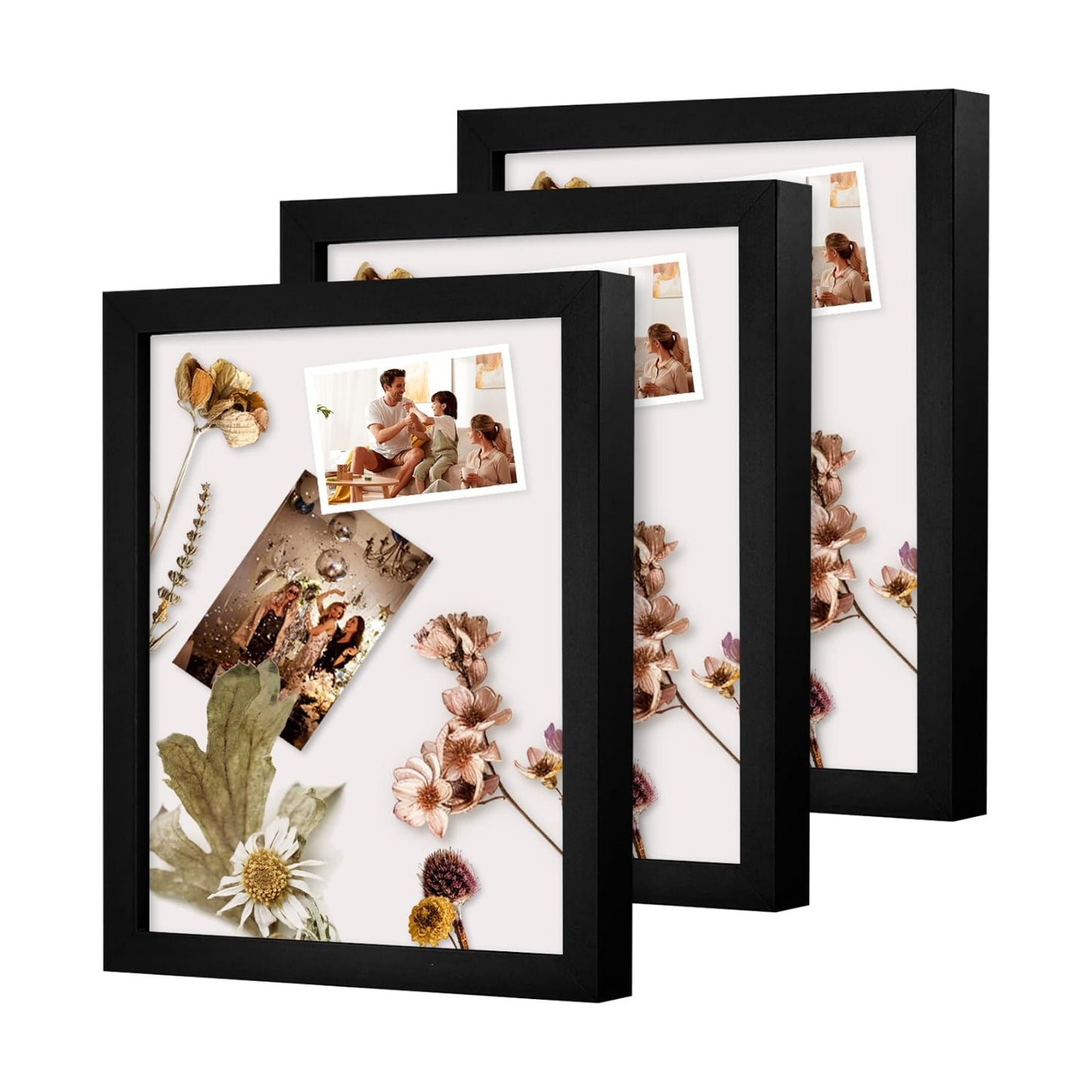 Muzilife 8x10 Shadow Box 3D Picture Frames, Wood & Glass, 3 Pack, Black | FSC-Certified MDF | With Stand | Tabletop or