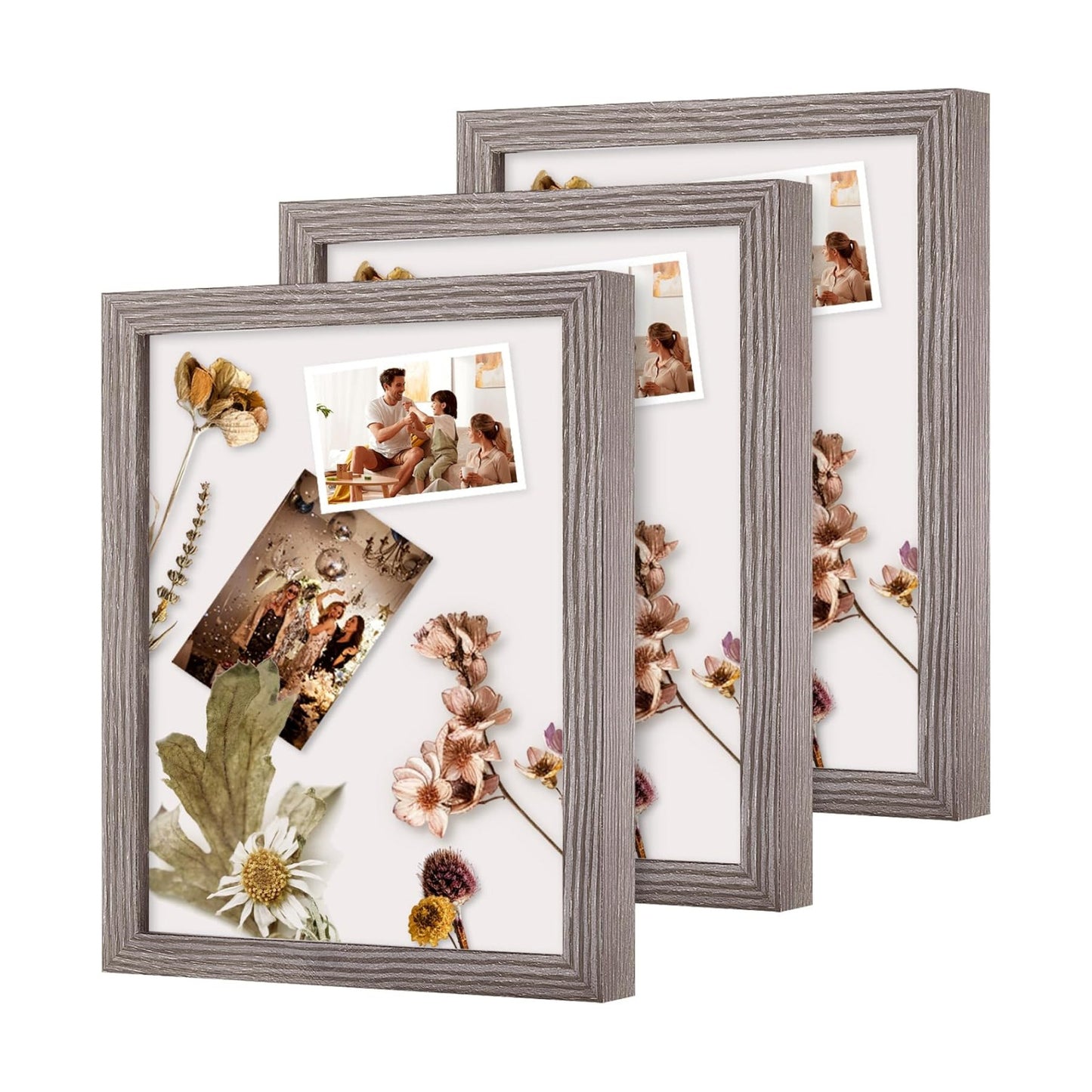 Muzilife 8x10 Shadow Box 3D Picture Frames, Glass, 3 Pack, Texture Gray | FSC-Certified MDF | With Stand | Tabletop or