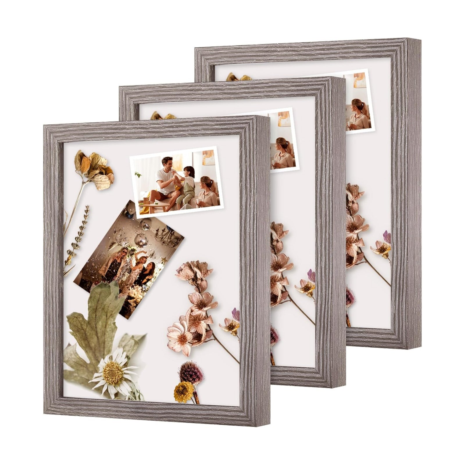 Muzilife 8x10 Shadow Box 3D Picture Frames, Glass, 3 Pack, Texture Gray | FSC-Certified MDF | With Stand | Tabletop or
