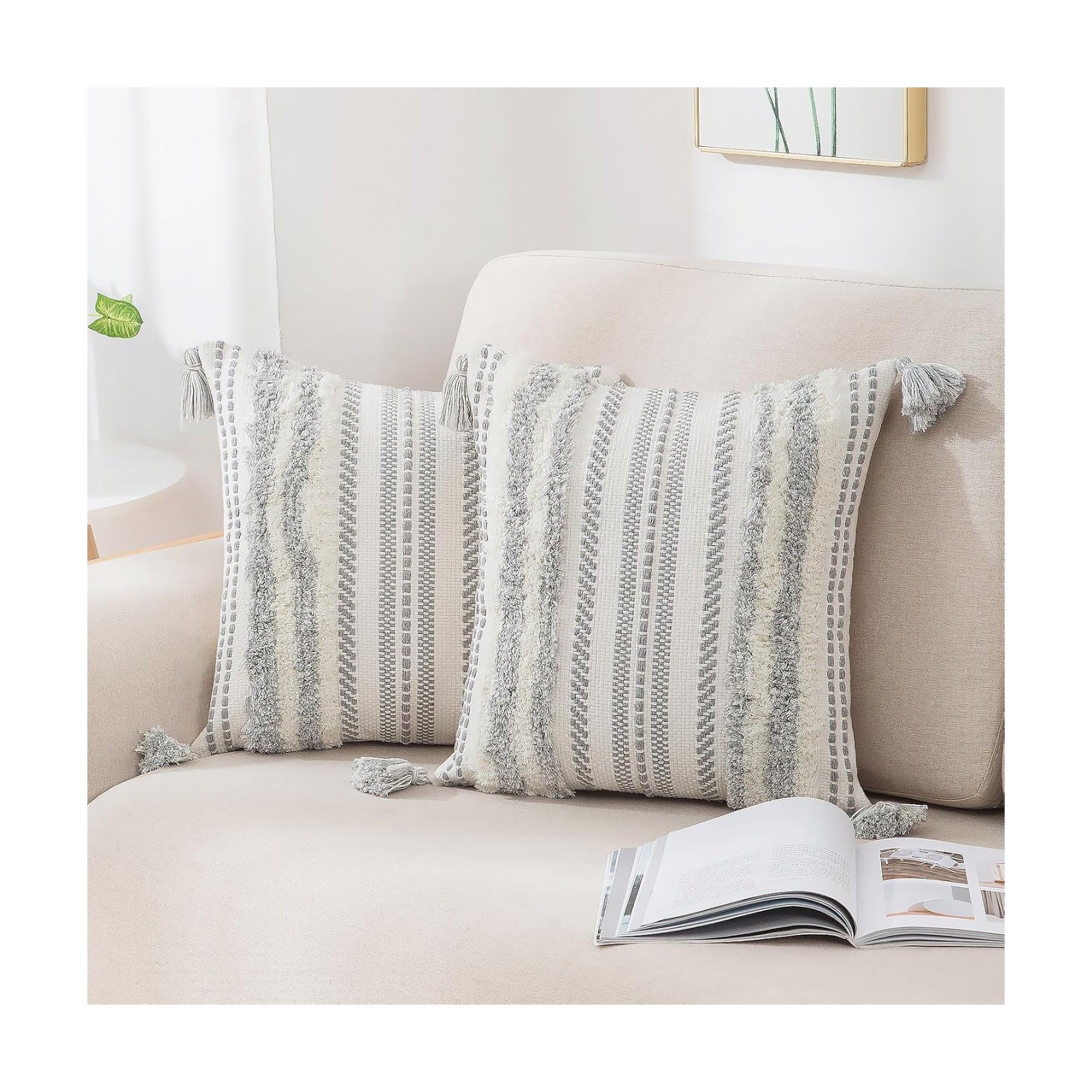Summer Decorative Boho Throw Pillow Covers / 18 x 18 / Grey and Cream White / Set of 2