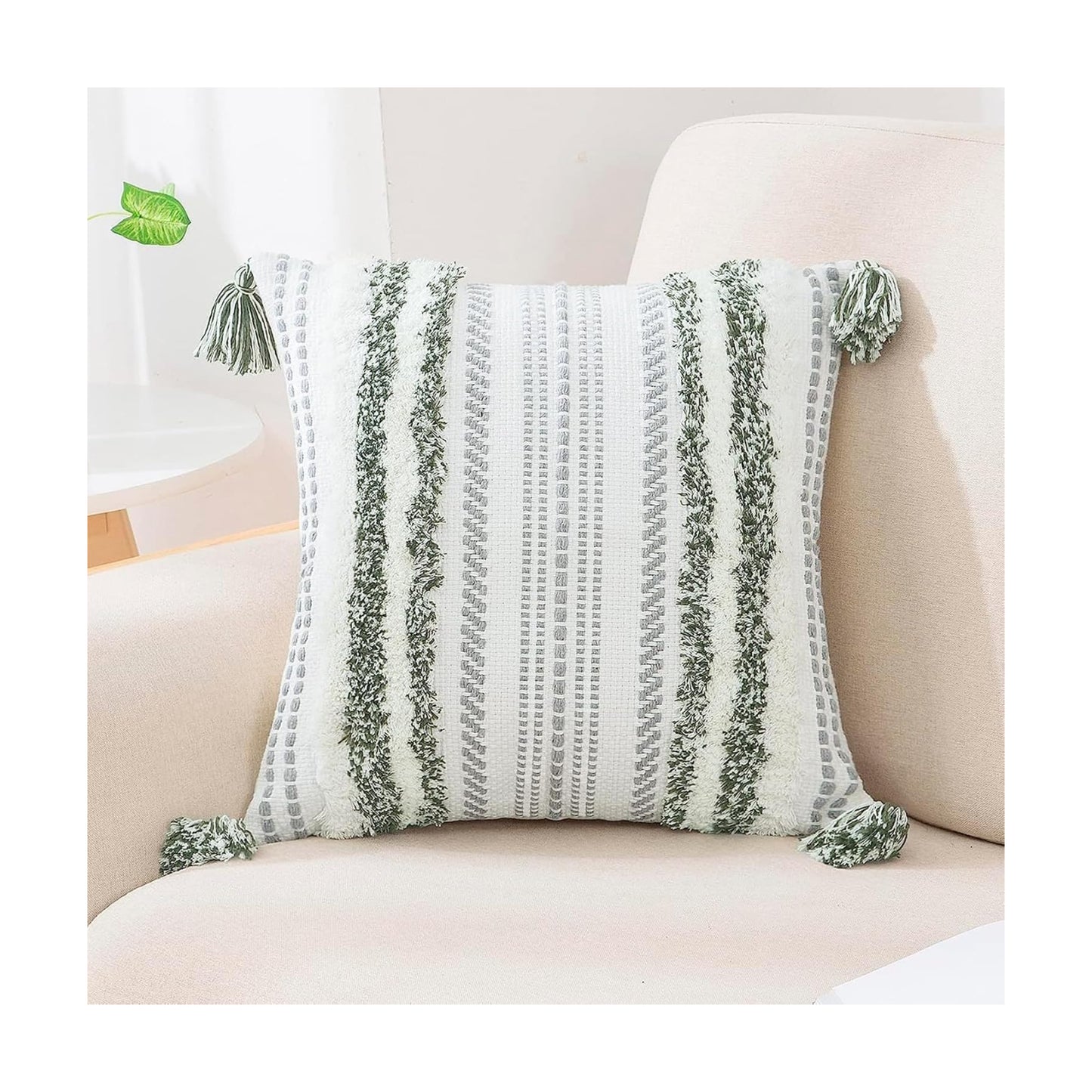 Summer Decorative Boho Throw Pillow Cover / 18 x 18 / Green and Cream White