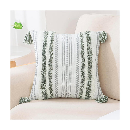 Summer Decorative Boho Throw Pillow Cover / 18 x 18 / Green and Cream White