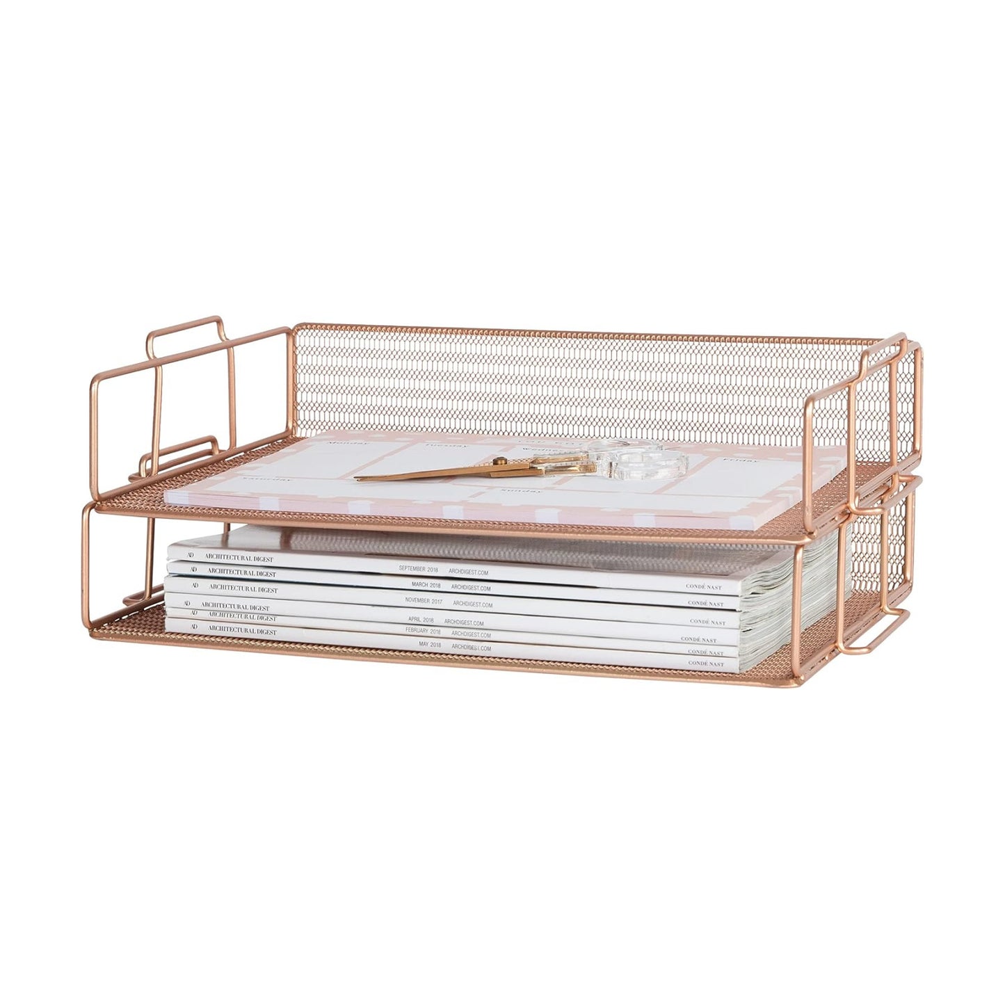 BLU MONACO | Rose Gold Mesh Paper Tray Set of 2 | Stackable Letter Trays for Desk Organization | Durable Metal Document