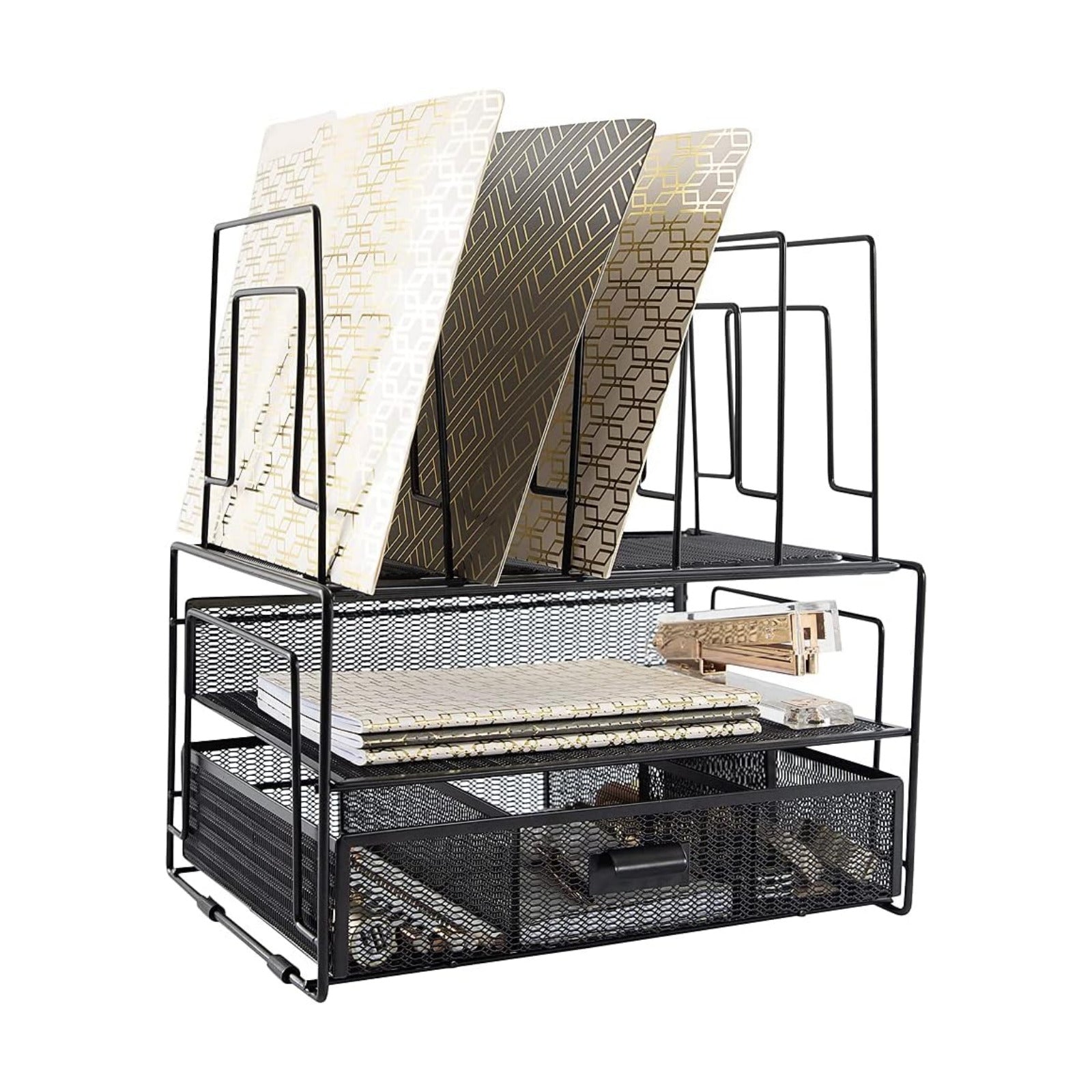 BLU MONACO | Black Wire Mesh Desk Organizer with Drawer | Desk Associates Women Office Set | File Sorters and Mesh Pen
