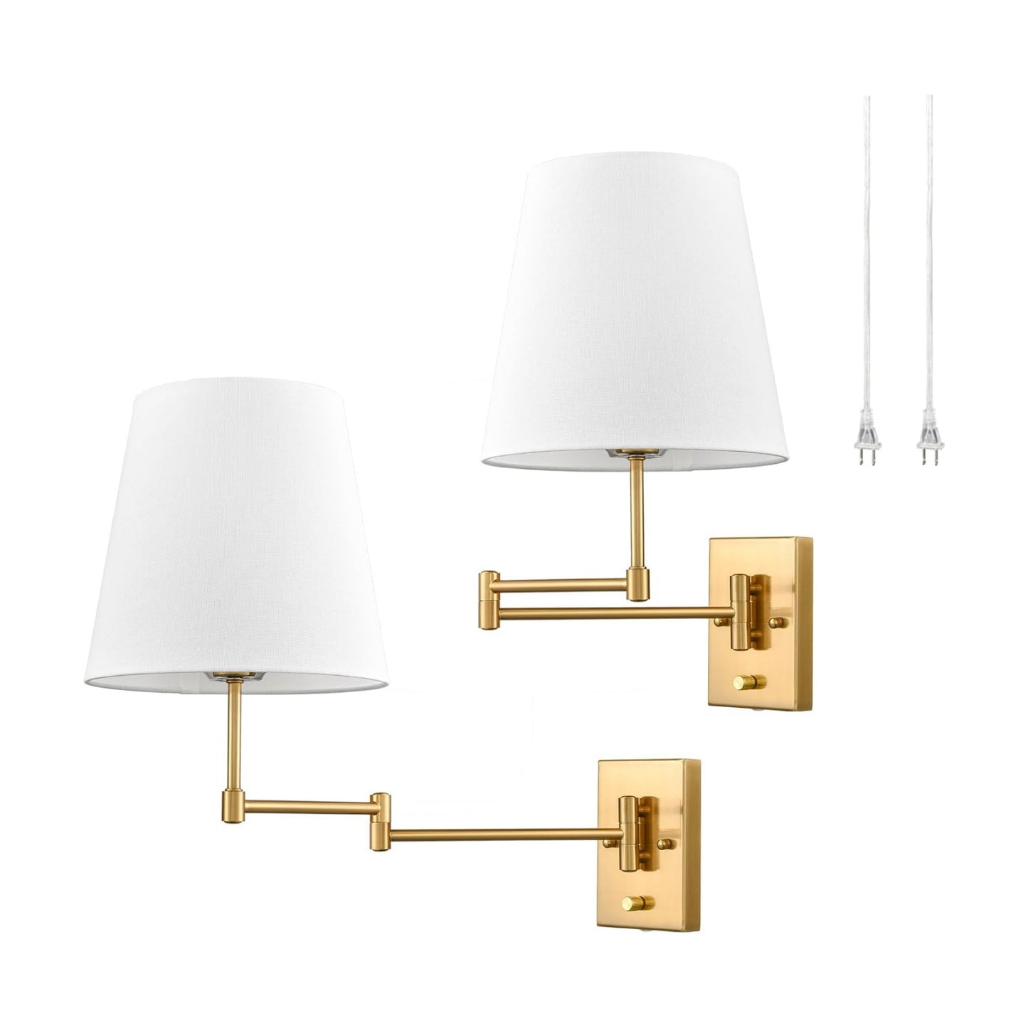 HYDELITE Gold Swing Arm Wall Lamp Brass Wall Sconces with Linen Shade | Plug-in or Hardwired Wall Light Fixtures