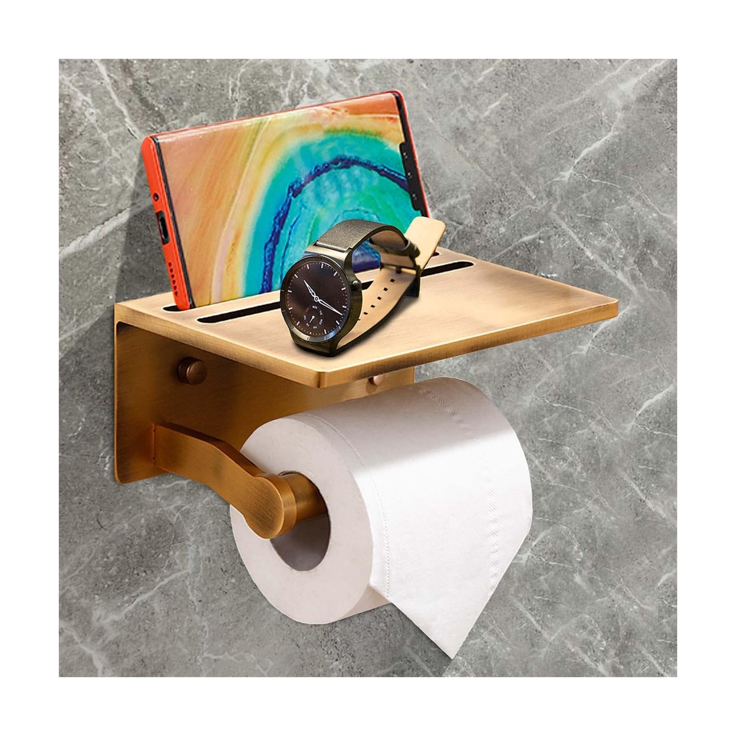 Toilet Paper Holder with Shelf, Aluminum Tissue Roll Dispenser with Mobile Phone Storage Shelf for Bathroom, 3M Self