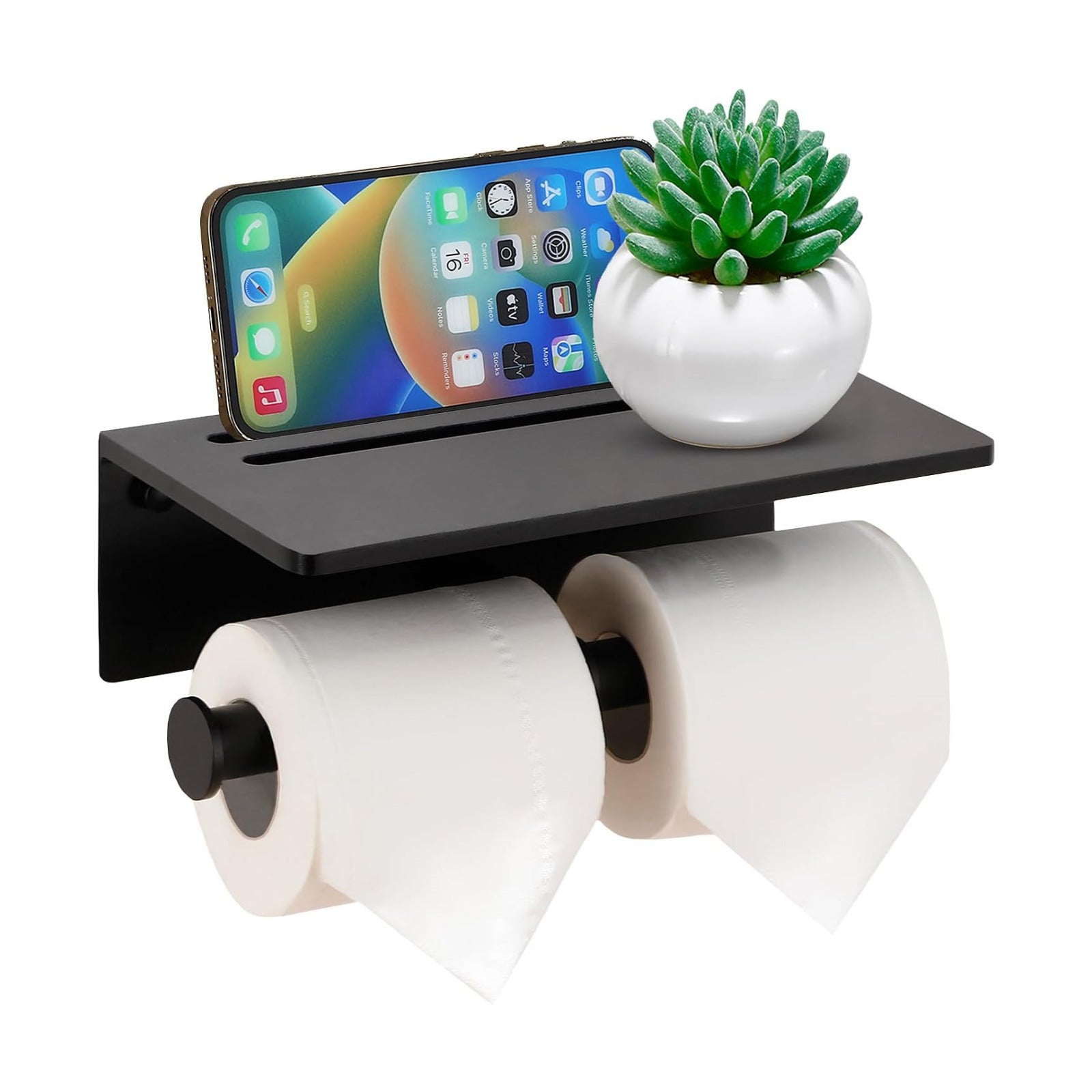 Toilet Paper Holder - Aluminium Double Roll Toilet Tissue Holder with Mobile Phone Shelf for Bathroom, 3M Self Adhesive