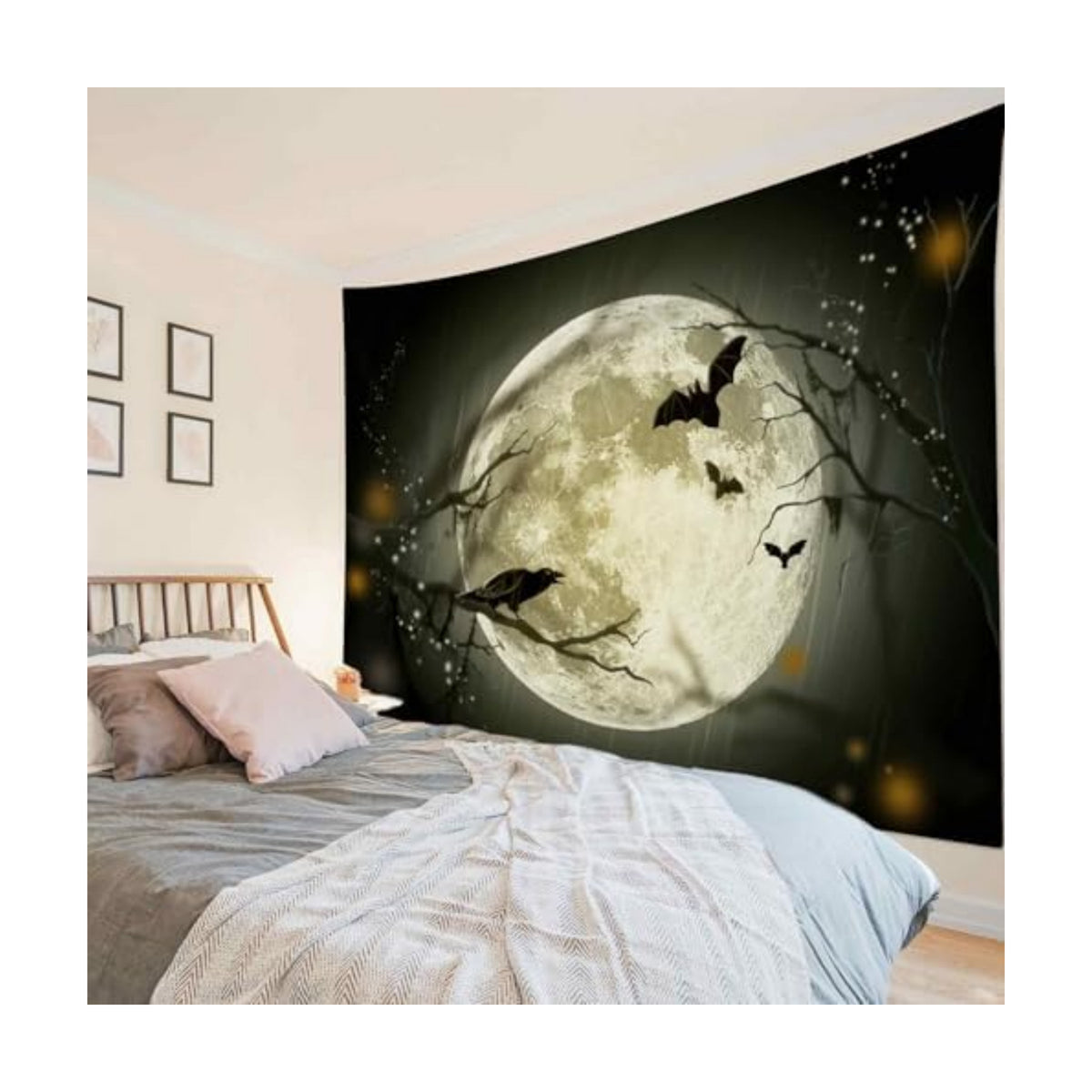 LB Halloween Full Moon Tapestry Wall Hanging Creepy Halloween Night Black Bat Crow Taspestry Wall Art Blanket for Bedroom Living Room Dorm Home Wall Decor, 80x60 Inches