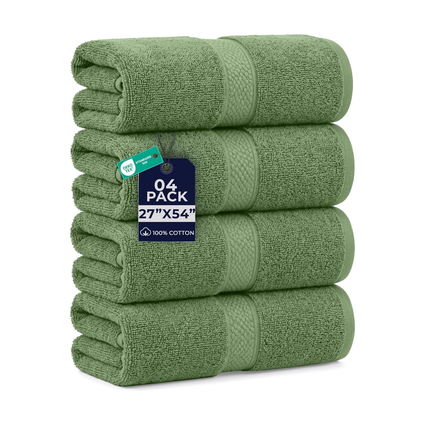 DAN RIVER 600 GSM Cotton Large Bath Towels Set of 4, 27 x 54 Inches, Green | Larger & Lighter Weight Towels for