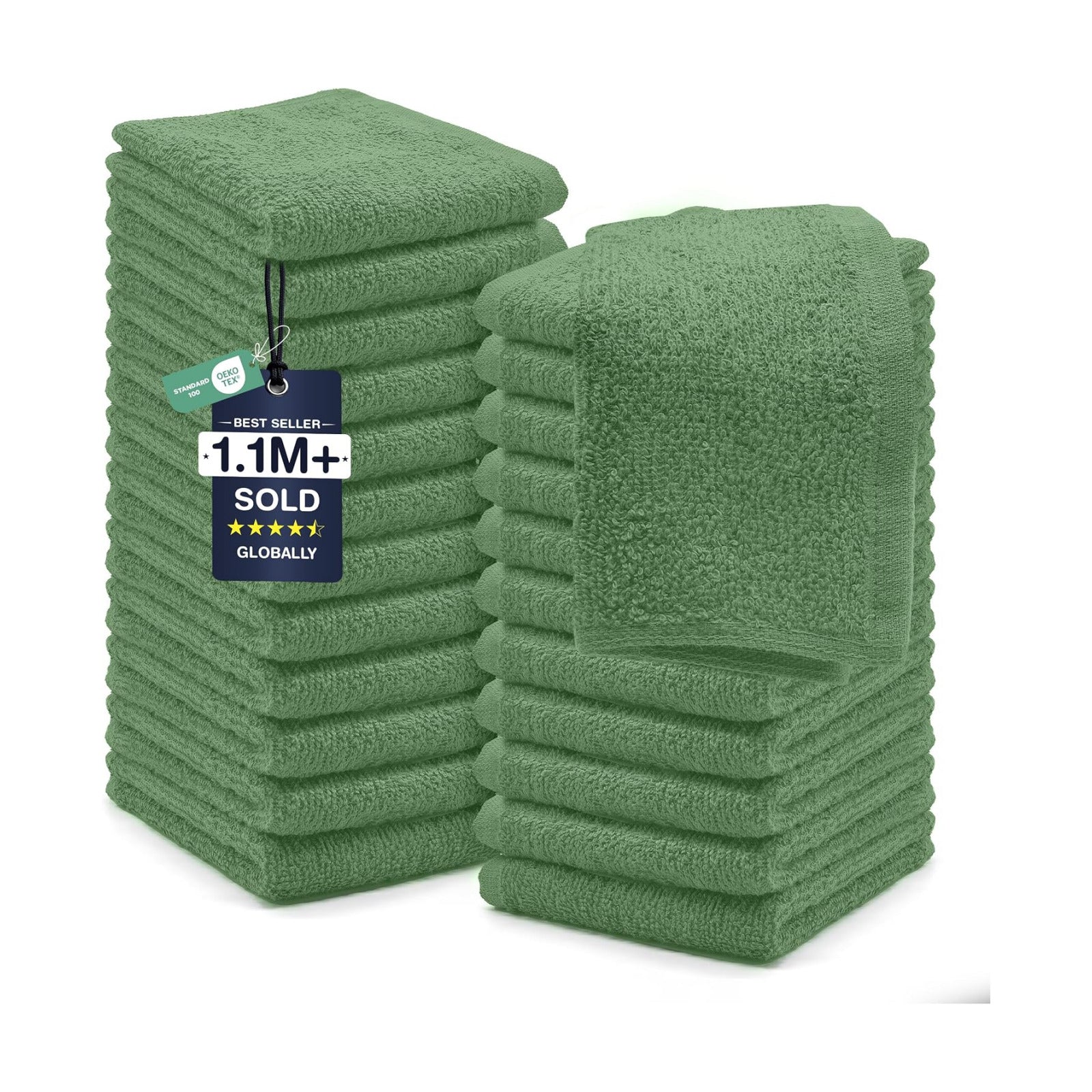 DAN RIVER 24 Pack Cotton Wash Cloths Set for Showering [12x12] Sage Green | Lighter Weight, Quick to Dry, Super Soft &
