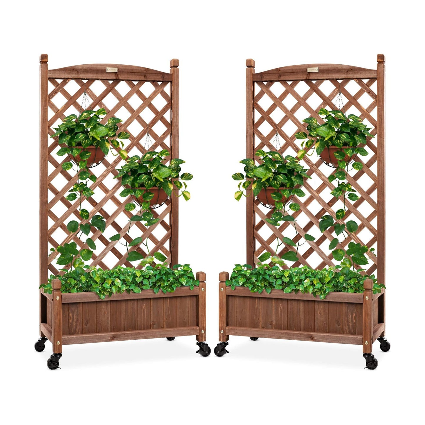 Best Choice Products Set of 2 48in Wood Planter Box & Diamond Lattice Trellis, Mobile Outdoor Raised Garden Bed for