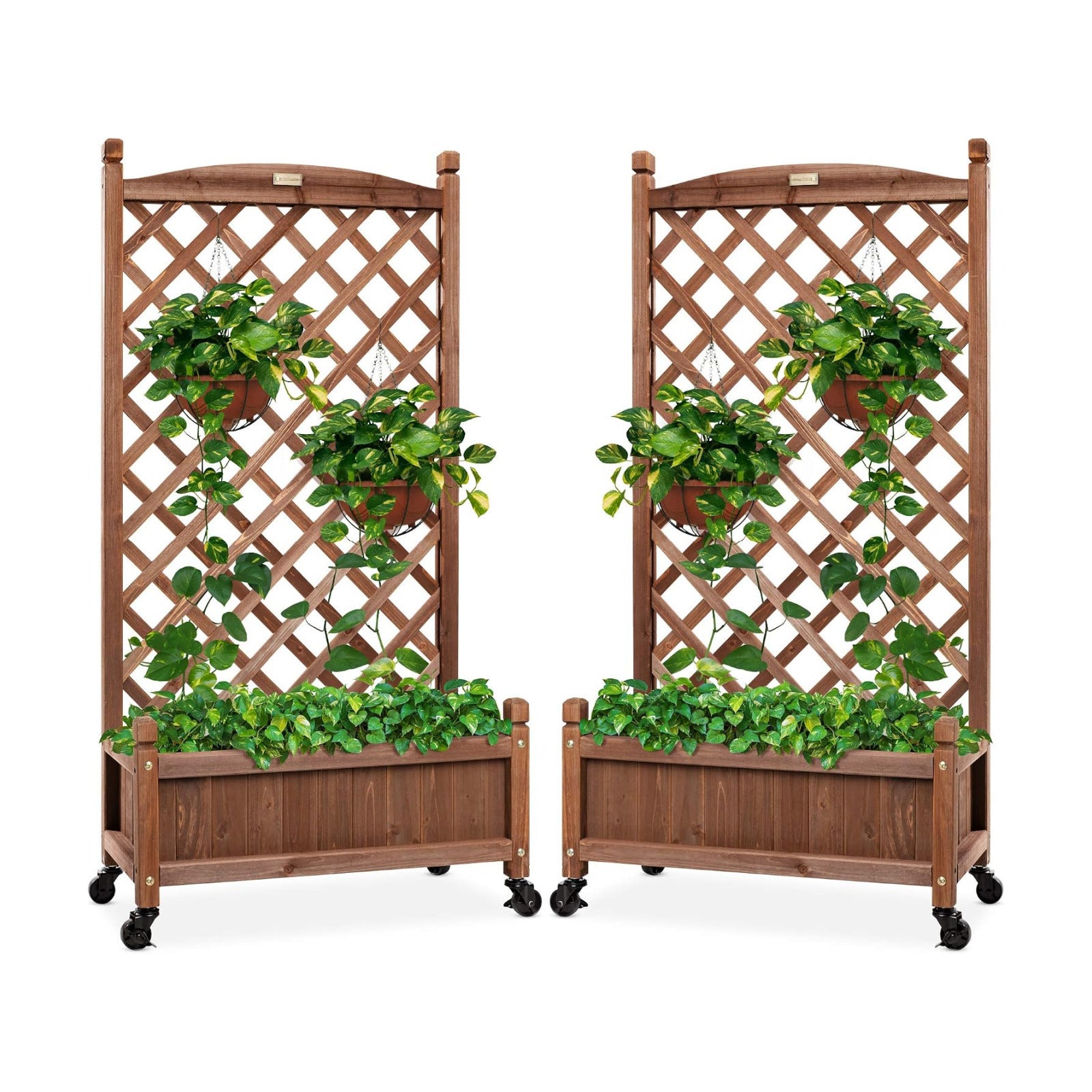 Best Choice Products Set of 2 48in Wood Planter Box & Diamond Lattice Trellis, Mobile Outdoor Raised Garden Bed for