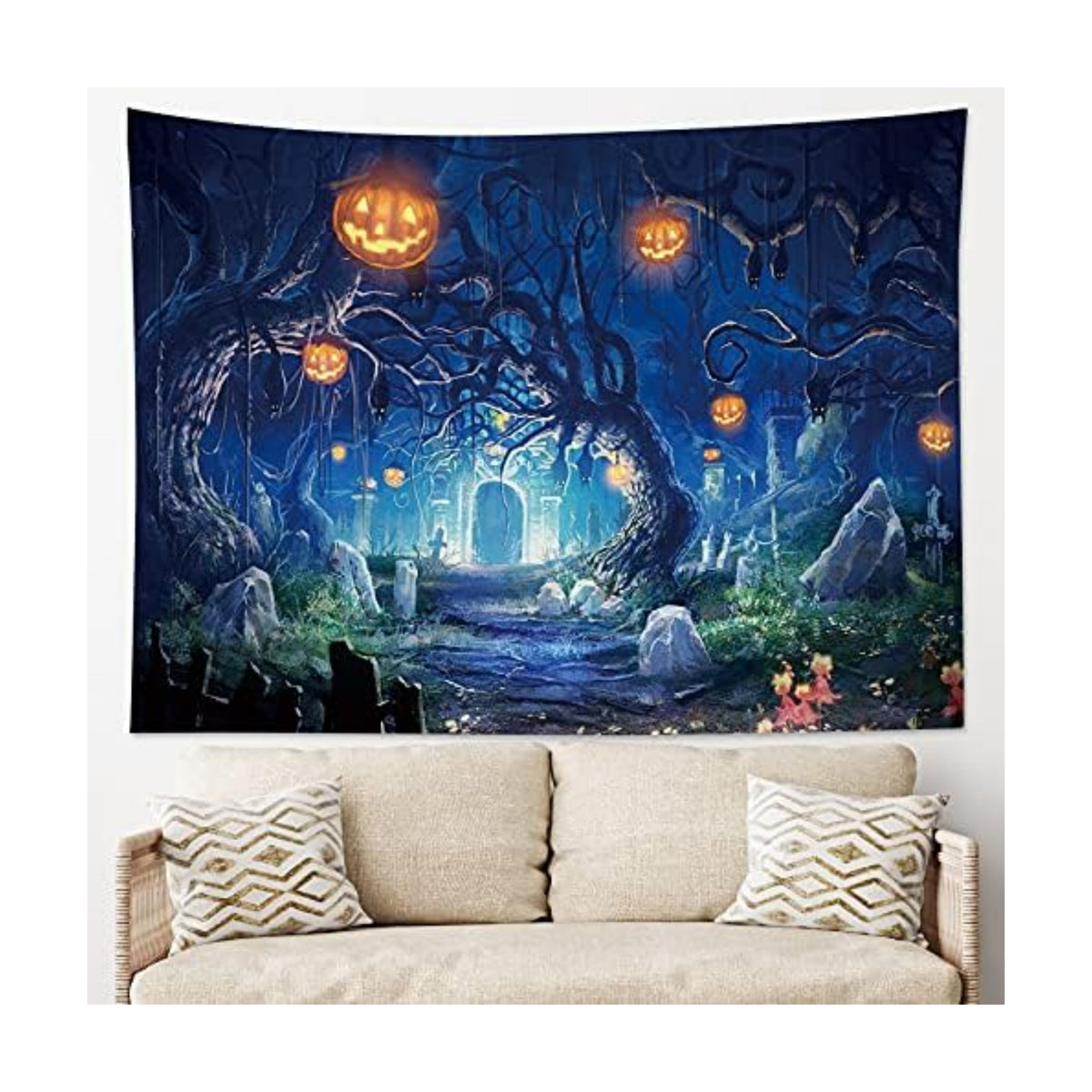HVEST Halloween Tapestry Night Tapestry Wall Hanging Haunted Woods with Grave and Pumpkins Wall Blanket for Bedroom Living Room Dorm Decor,59W X 51H inches