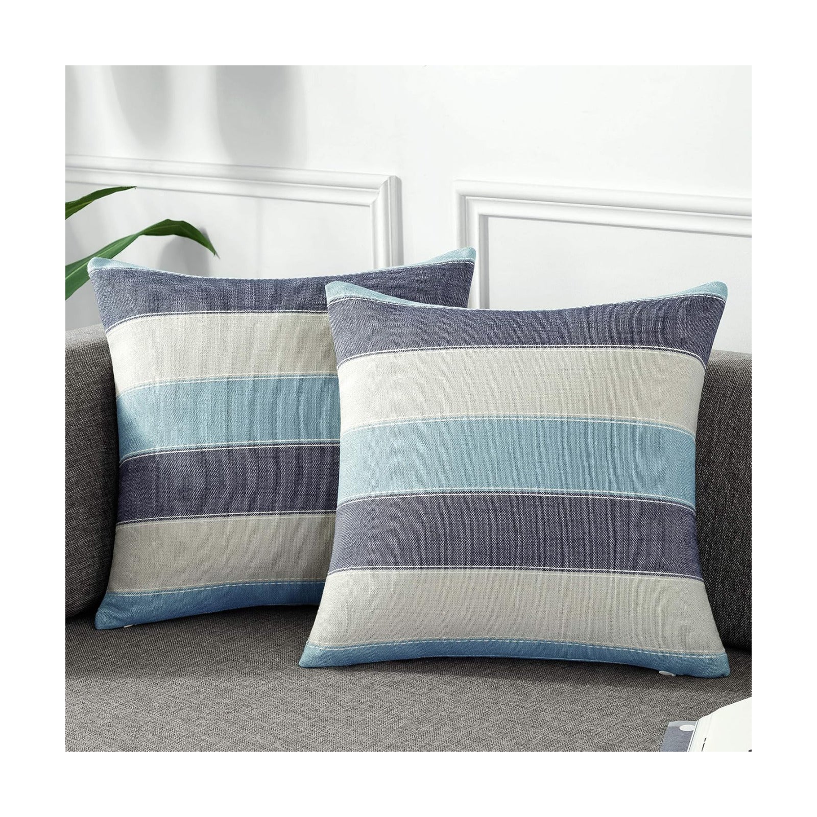 Farmhouse Stripe Check Throw Pillow Covers Set Case Cotton Linen / 18 x 18 / Blue Beige / Set of 2