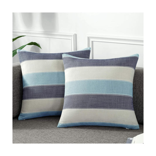 Farmhouse Stripe Check Throw Pillow Covers Set Case Cotton Linen / 18 x 18 / Blue Beige / Set of 2