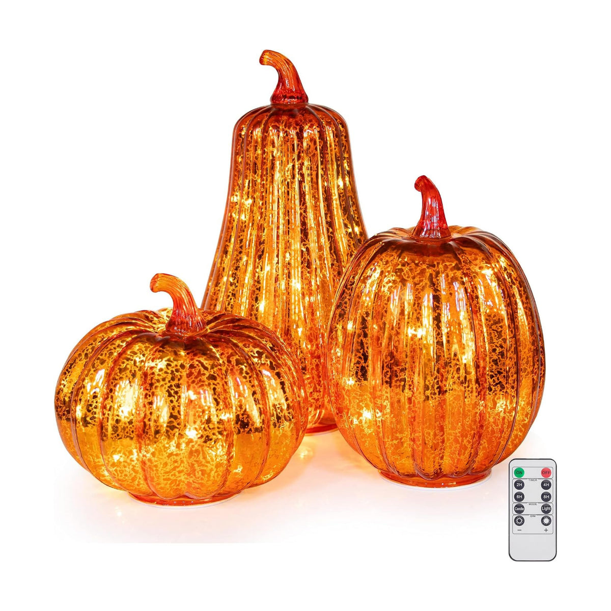 KI Store Glass Pumpkin with Lights and Timer Set of 3 10.8-Inch 8.5-Inch 6.5-Inch Lighted Mercury Glass Pumpkins for Fall Halloween Thanksgiving Decorations Battery Operated