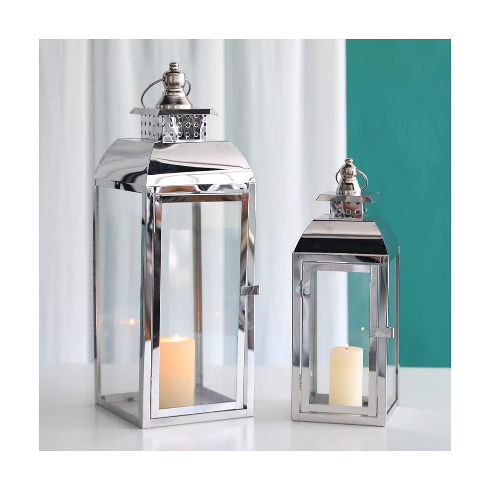 JHY DESIGN Set of 2 Stainless Steel Decorative Candle Lanterns 20.5"&15" High Metal Candle Lanterns for Indoor Outdoor