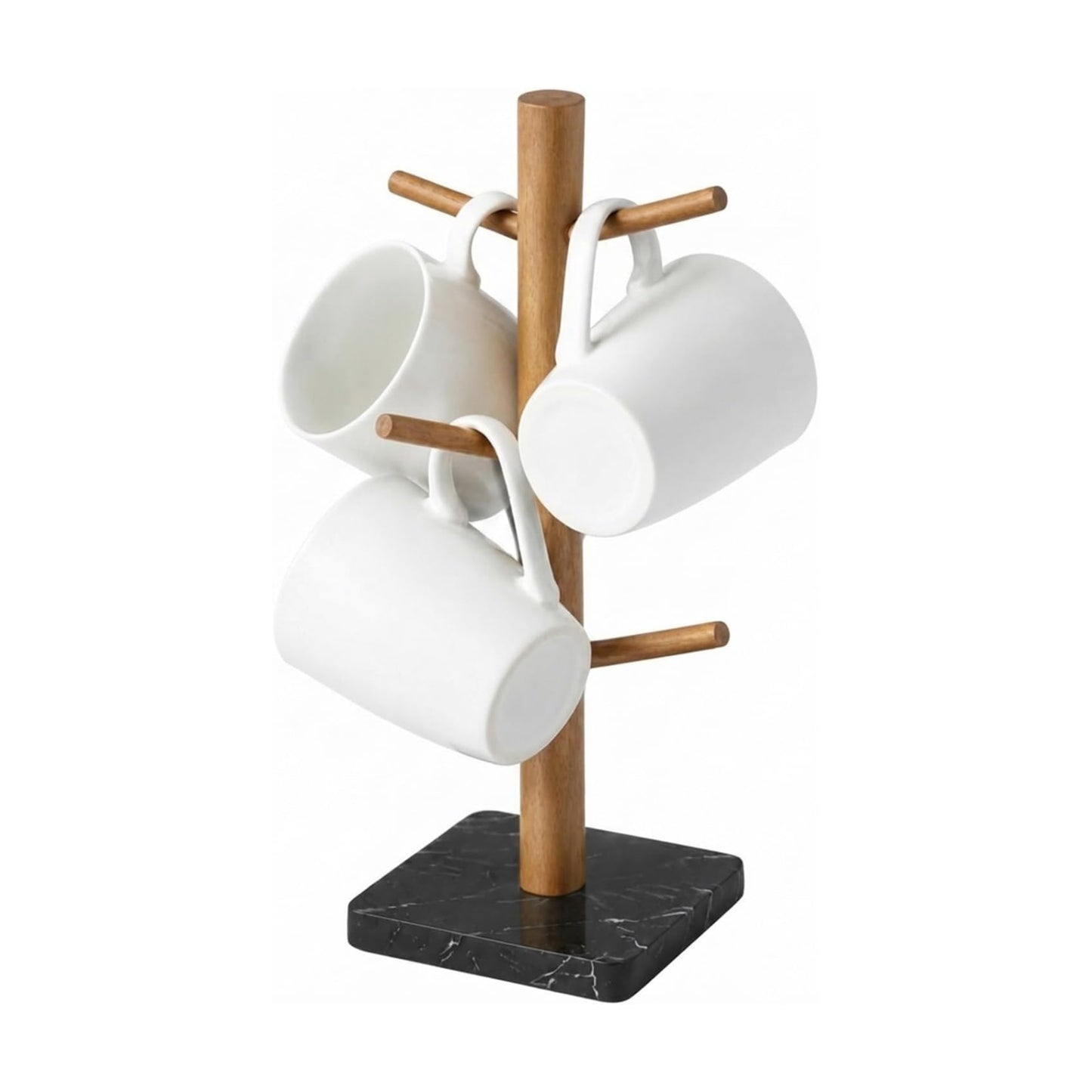 Buruis Acacia Wood Mug Holder with Marble Base, 6 Hook Mug Tree, Black | Coffee Mug Rack for Countertop, Space-Saving