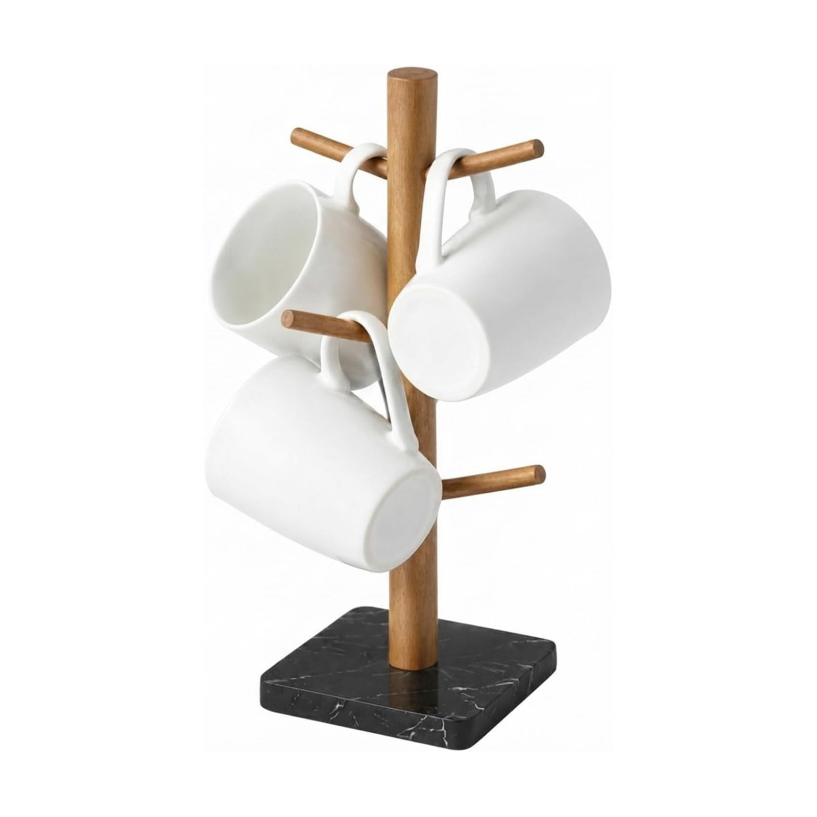 Buruis Acacia Wood Mug Holder with Marble Base, 6 Hook Mug Tree, Black | Coffee Mug Rack for Countertop, Space-Saving