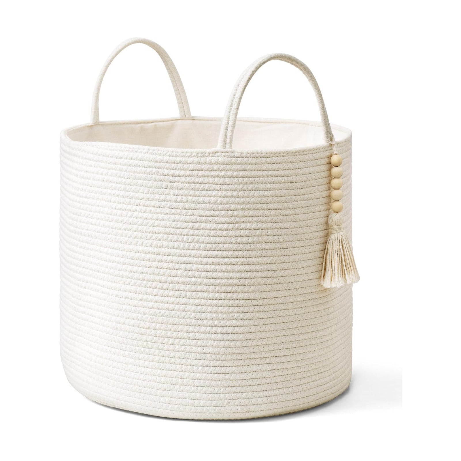 Woven Storage Basket Decorative Natural Rope Basket Wooden Bead Decoration / White / 16" W x 13.8"L