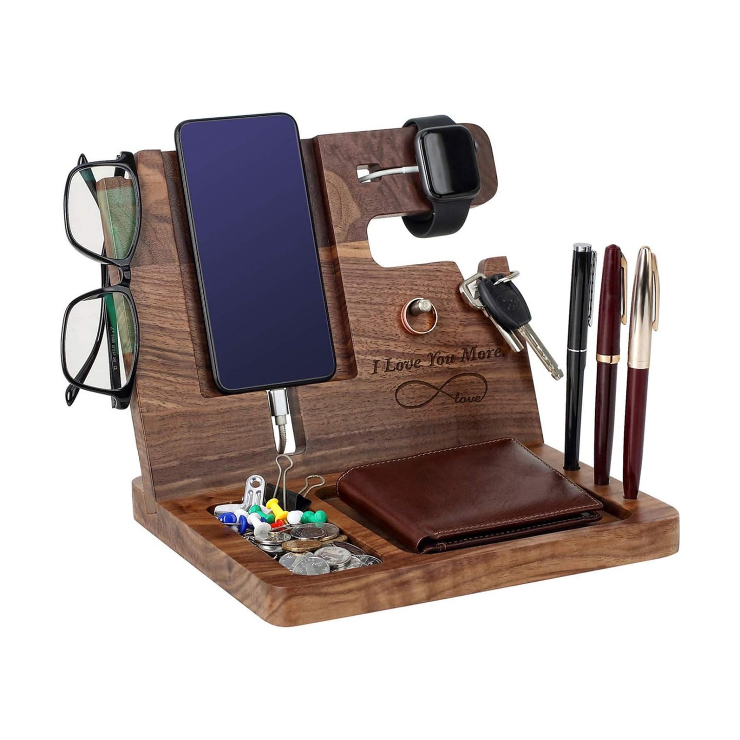 awofer Gifts for Men-Engraved Walnut Wood Docking Station-Nightstand with Phone Holder, Key Holder, Wallet Stand and