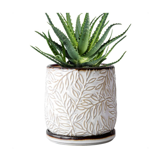 D'vine Dev Embossed Leaves Ceramic Planter, 6 in, Smoked White, 27-A-X-1