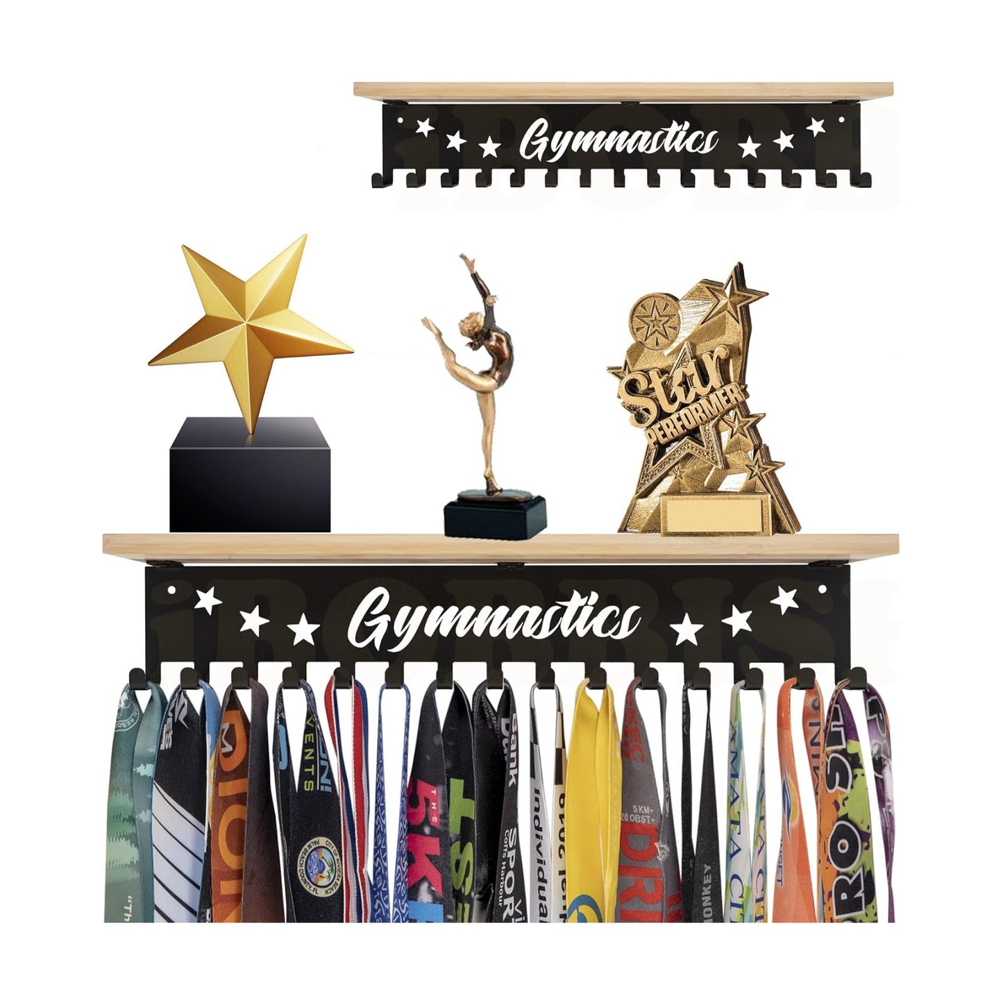 iBobbish Premium Trophy and Medal Display Shelf 16inchL,Metal Trophy Shelf with Hooks Upgraded,Large Bamboo Trophy
