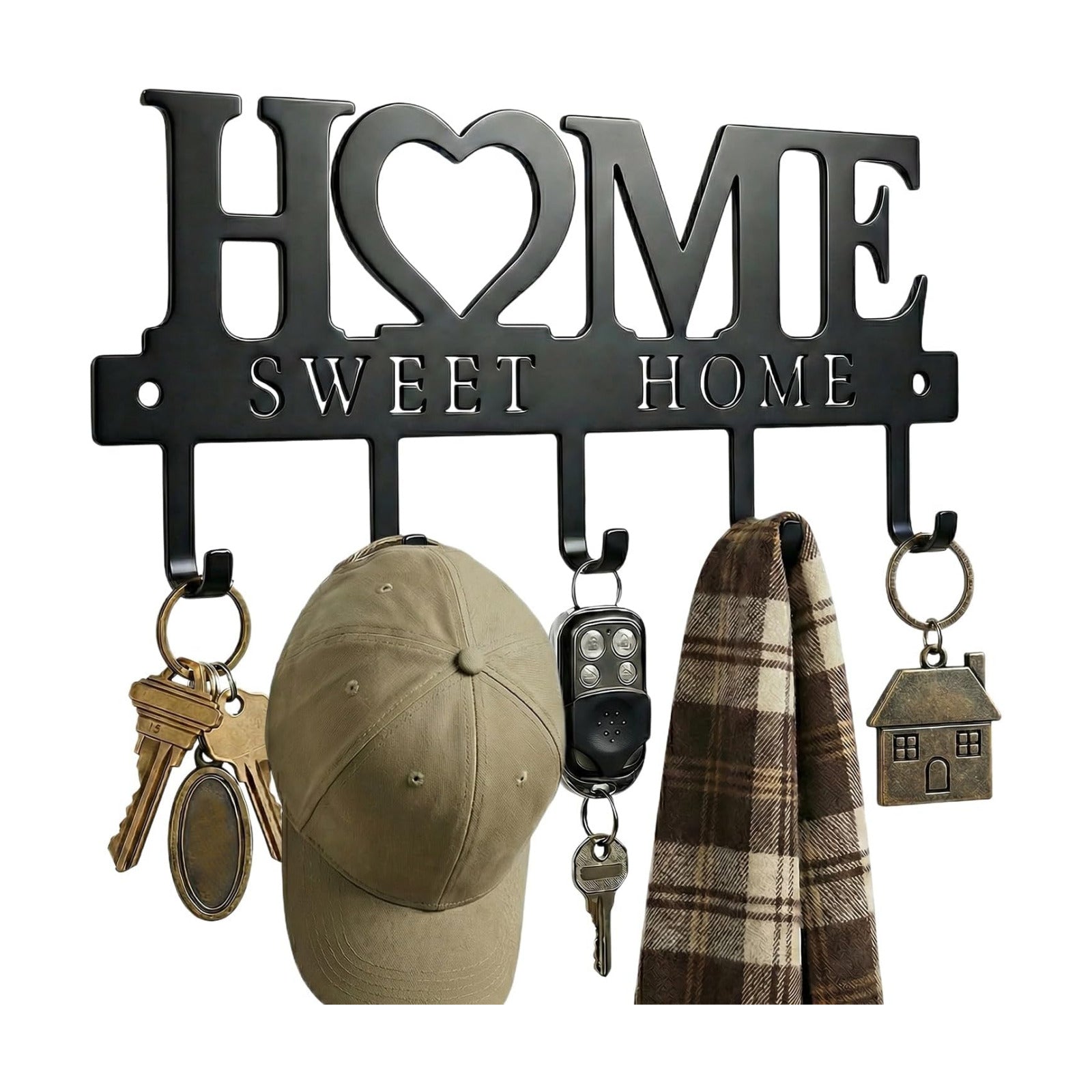 Entryway Key Holder Wall Mount with 5 Hooks, 13" Metal “Sweet Home” Key Rack Organizer for Wall, Decorative Key Hanger