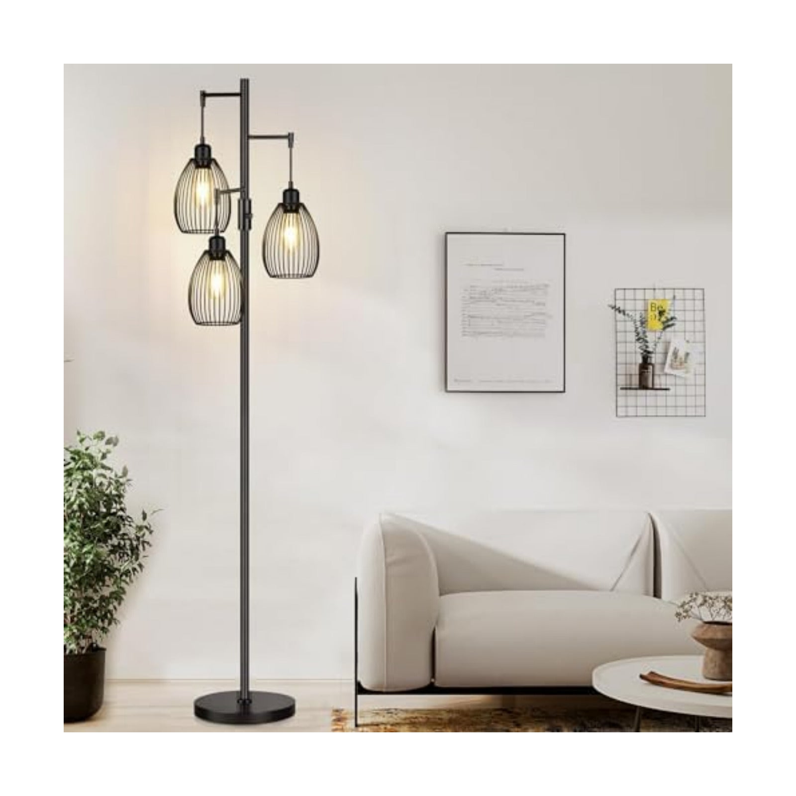 Dimmable Floor Lamp, 3 x 800LM LED Edison Bulbs Included, Farmhouse Industrial Floor Lamp Standing Tree Lamp with