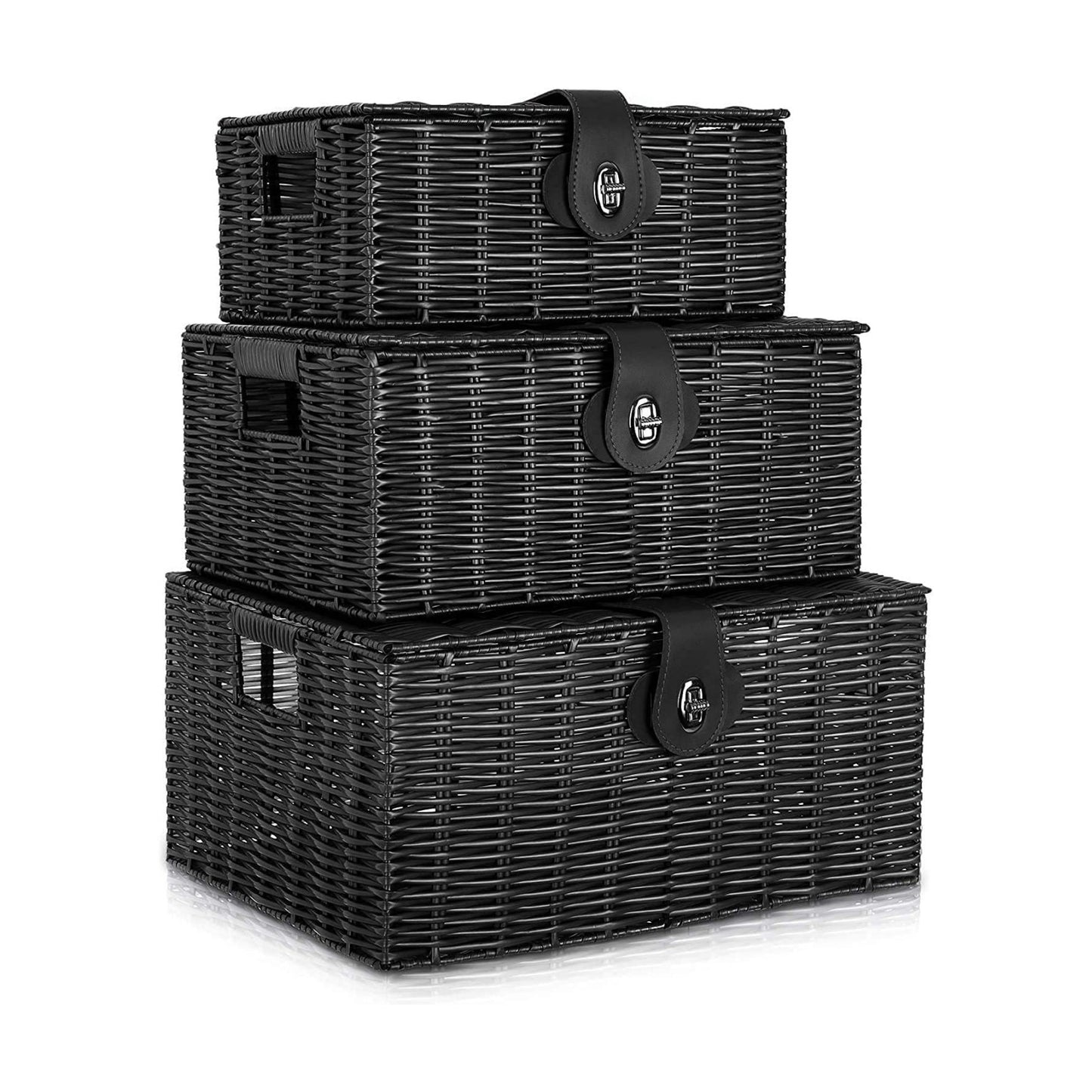Woven Wicker Storage Basket Box / Black / Set of 3