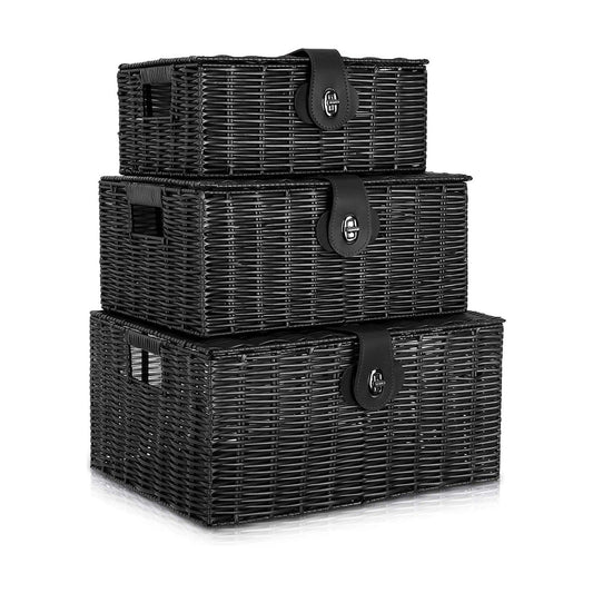 Woven Wicker Storage Basket Box / Black / Set of 3