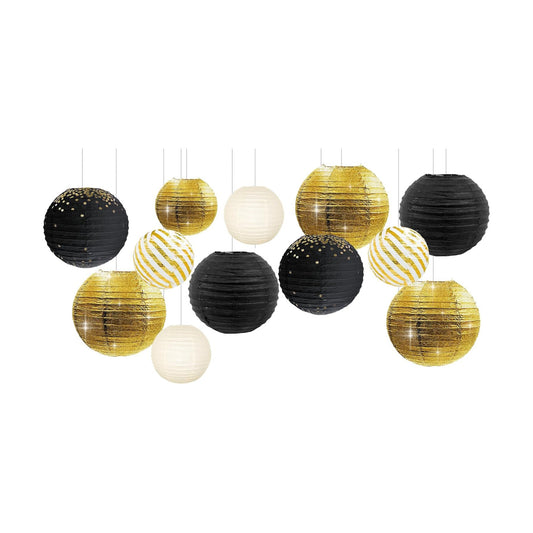 NICROLANDEE 12PCS Black Gold Paper Lanterns 12" New Years Eve Party Decor