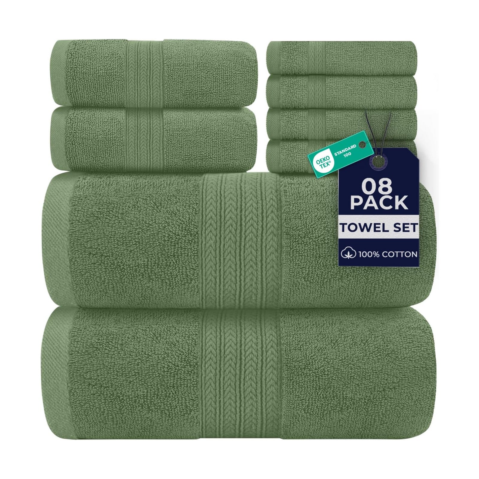 DAN RIVER 8 Piece Luxury Bath Towels for Bathroom, Towel Set, Sage Green | 2 Bath towels, 2 Hand towels, and 4 Wash