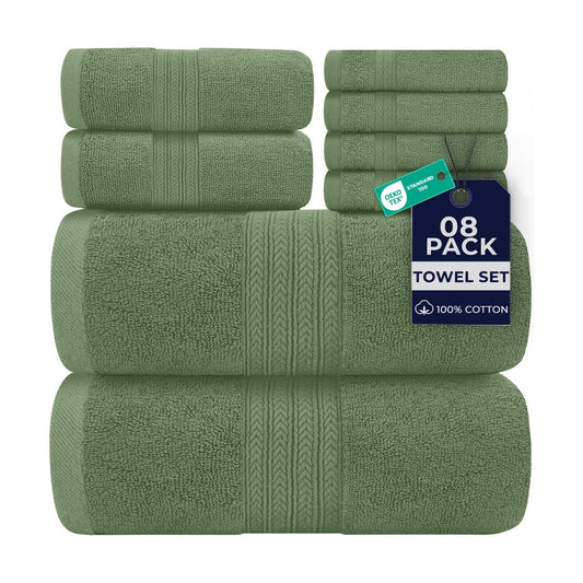 DAN RIVER 8 Piece Luxury Bath Towels for Bathroom, Towel Set, Sage Green | 2 Bath towels, 2 Hand towels, and 4 Wash