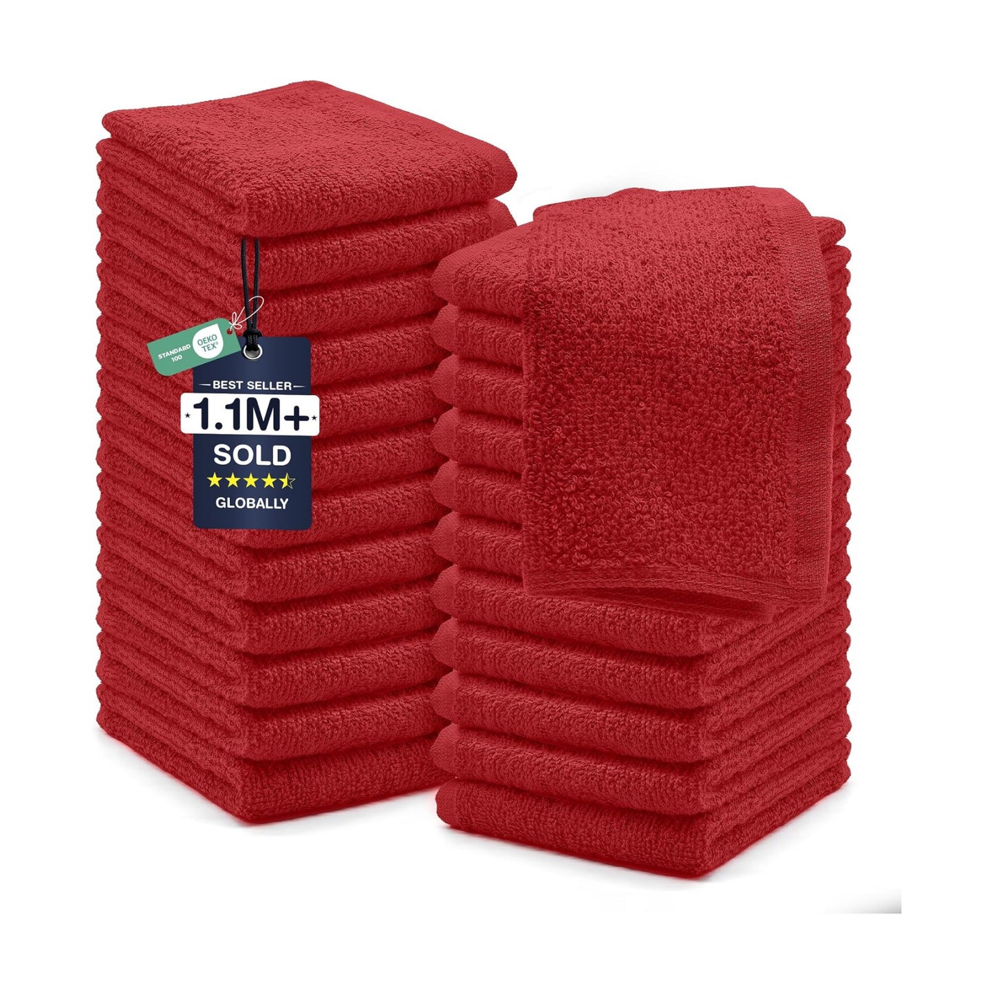 DAN RIVER 24 Pack Cotton Wash Cloths Set for Showering [12x12] Red | Lighter Weight, Quick to Dry, Super Soft &