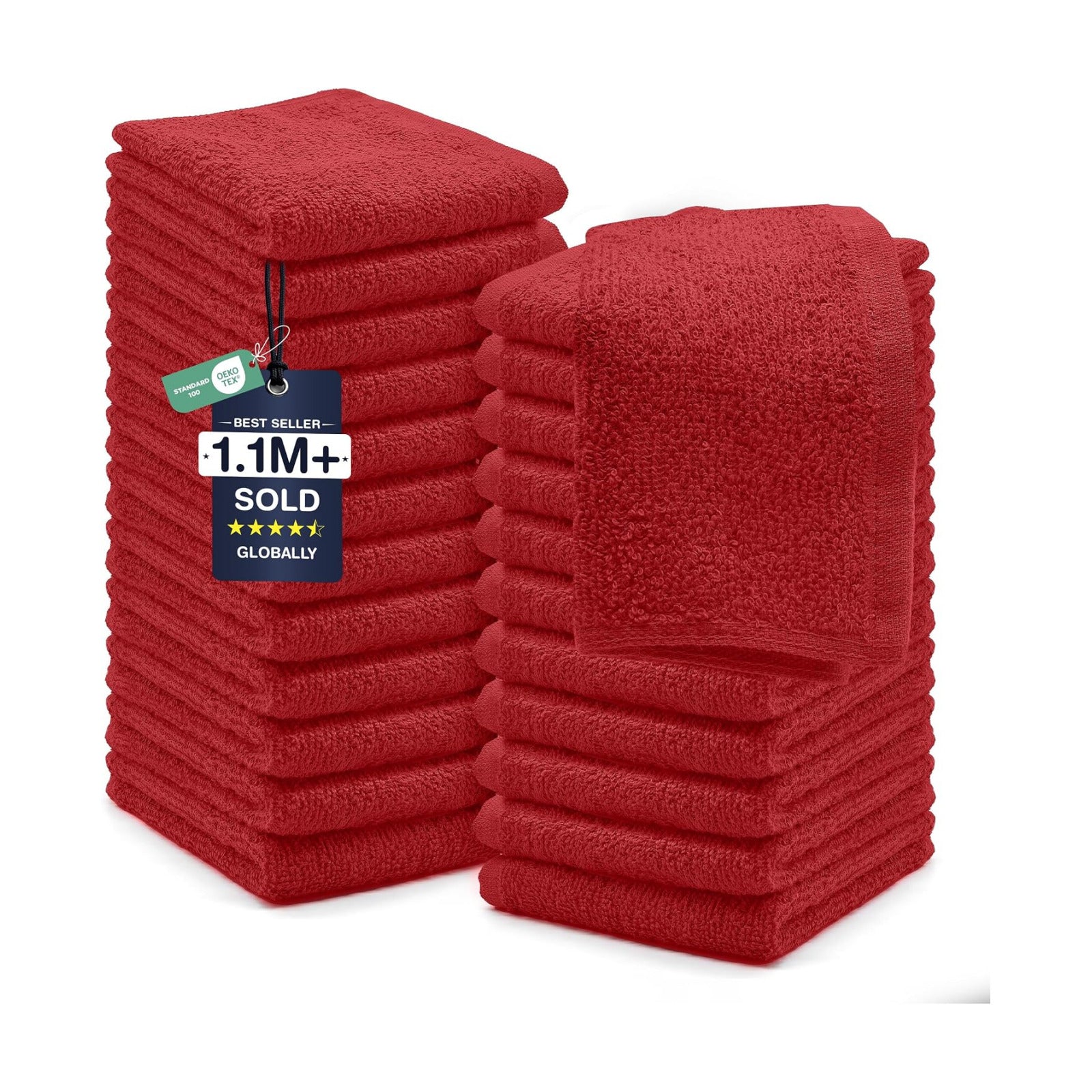 DAN RIVER 24 Pack Cotton Wash Cloths Set for Showering [12x12] Red | Lighter Weight, Quick to Dry, Super Soft &