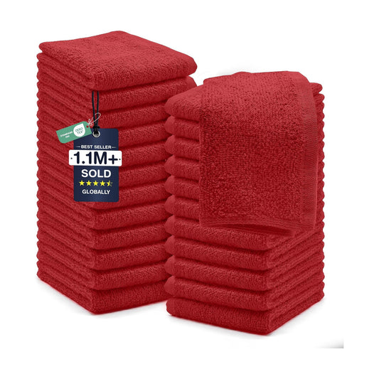 DAN RIVER 24 Pack Cotton Wash Cloths Set for Showering [12x12] Red | Lighter Weight, Quick to Dry, Super Soft &