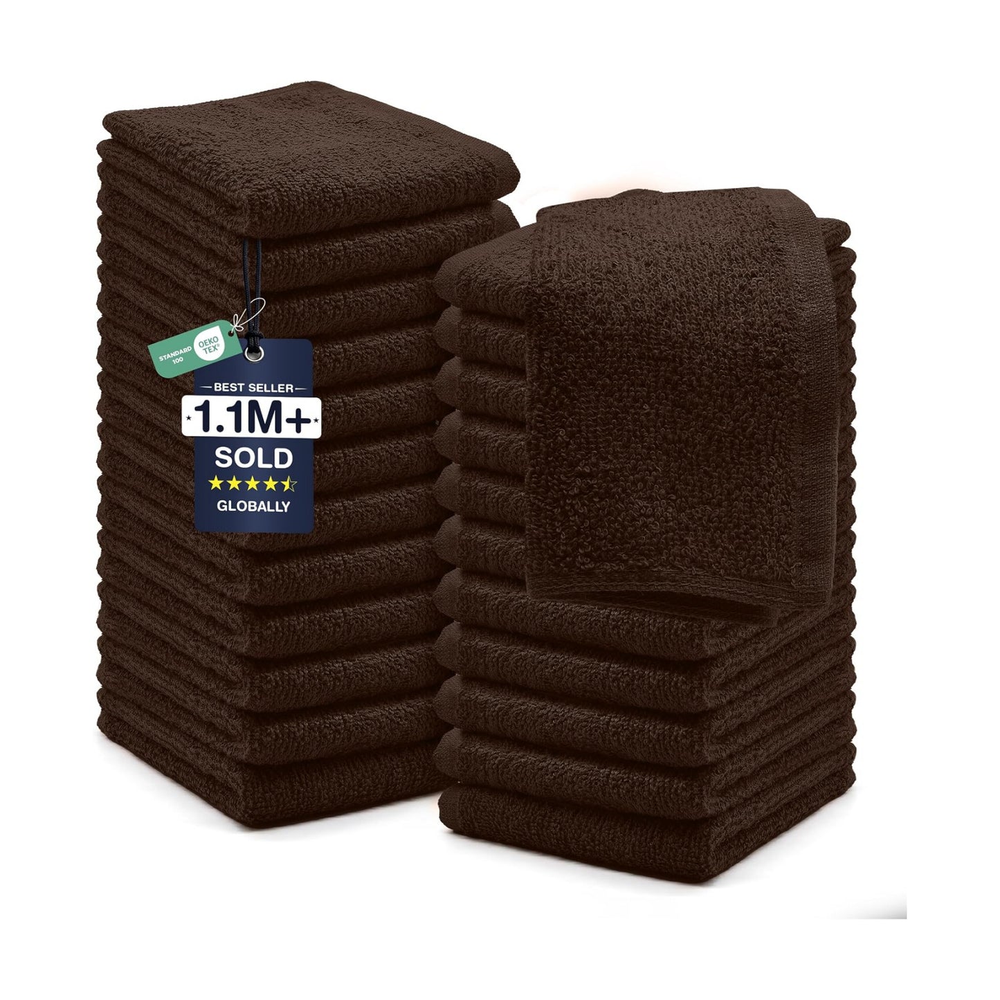 DAN RIVER 24 Pack Cotton Wash Cloths Set for Showering [12x12] Brown | Lighter Weight, Quick to Dry, Super Soft &