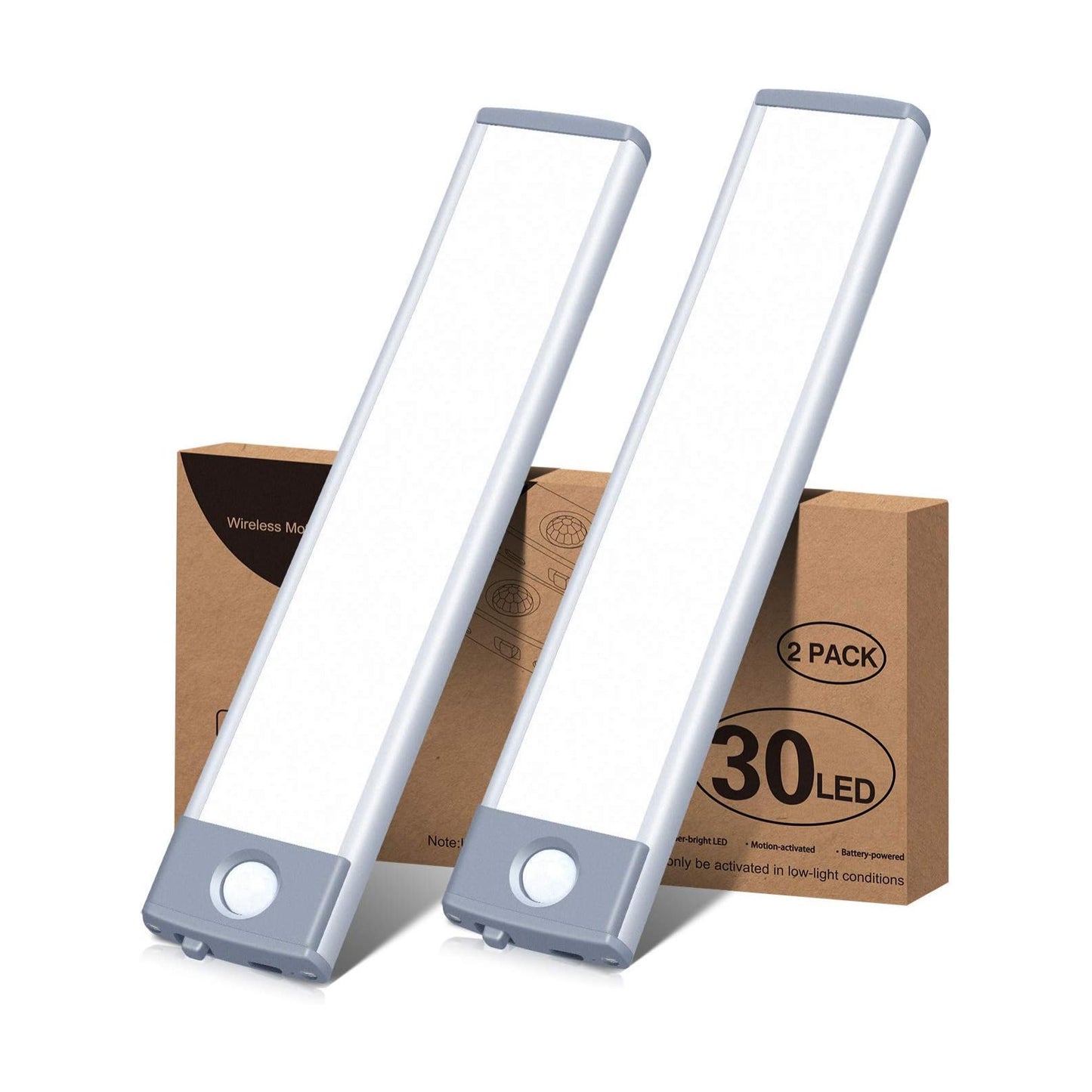 PRIORARE 30 LED Under Cabinet Lighting Motion Sensor Light Pure White 2Pack | Wireless Rechargeable Cabinet Lights