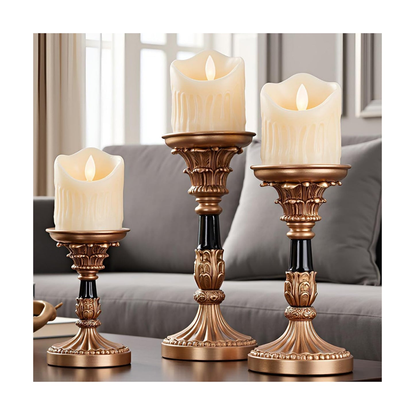 Resin Pillar Candle Holders Set of 3 – an Antique Gold Frame with Engraved Decorations (9", 7.5", 6") with 3.1" Tray &