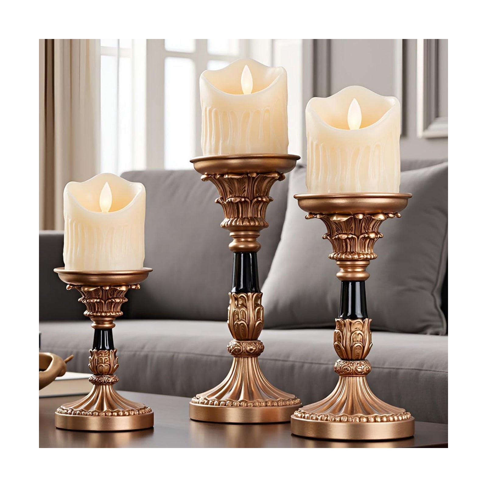 Resin Pillar Candle Holders Set of 3 – an Antique Gold Frame with Engraved Decorations (9", 7.5", 6") with 3.1" Tray &